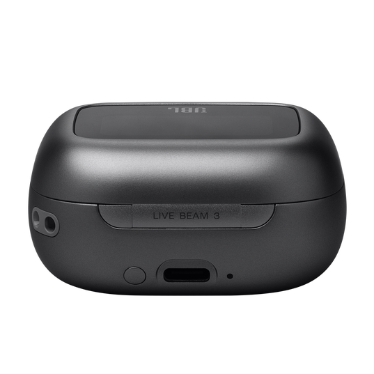 A closed black JBL Live Beam 3 Headphones (In-Ear) charging case is shown on a light gray background, featuring the charging port and product label—ideal for your true wireless noise-cancelling listening experience.
