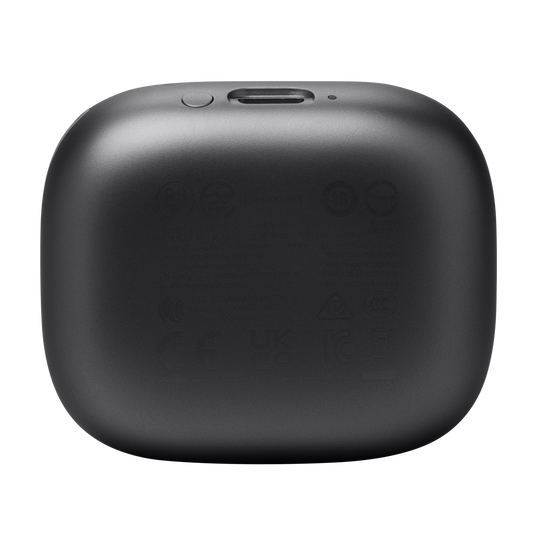 A black, rectangular charging case for JBL Live Beam 3 Headphones with Noise Cancellation (In-Ear) by JBL is shown from the back, featuring a small button and charging port at the top against a light gray background.