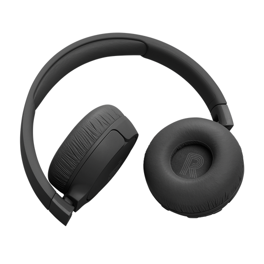 The JBL Tune 670 Noise Cancelling Headphones (On-Ear) in black feature a sleek design, cushioned ear pads, adaptive noise cancellation, and an "R" on the right side, all set against a plain white background.