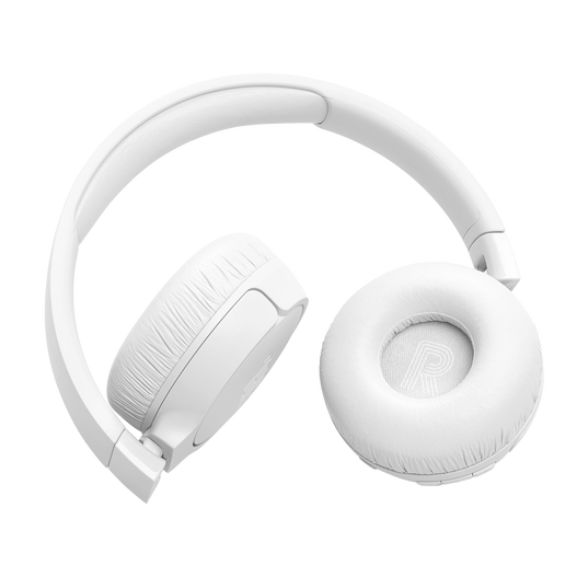 White JBL Tune 670 Noise Cancelling On-Ear Headphones with cushioned ear pads and adjustable headband, shown on a plain white background. The letter R appears on the right ear cup.