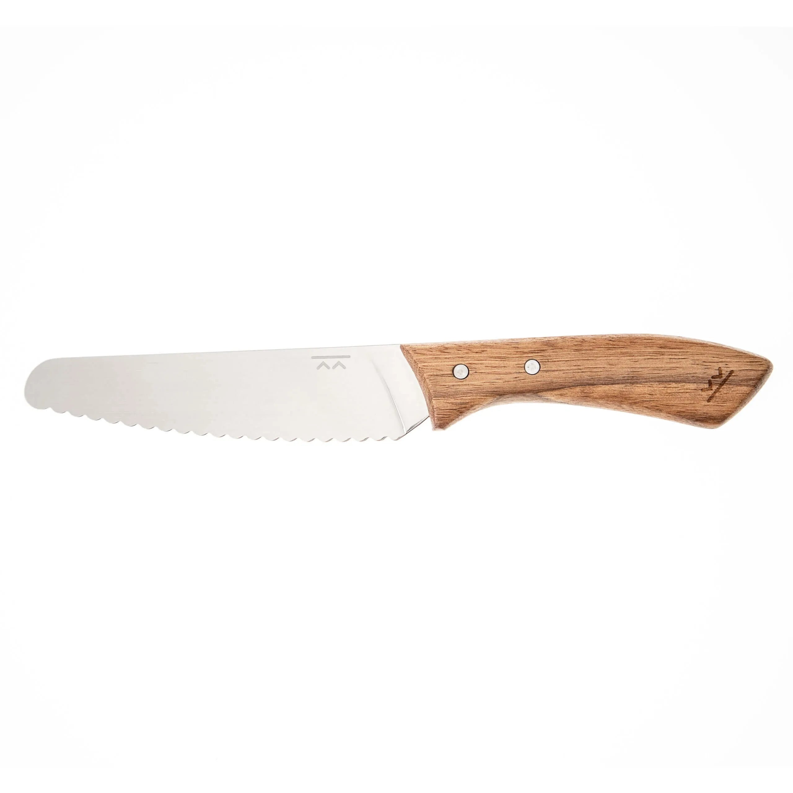 The KandoKutter Adult Safe Knife [Wooden] by KiddiKutter features a serrated silver blade and an ergonomic light brown wooden handle, ideal for kitchen use and shown isolated on a white background.