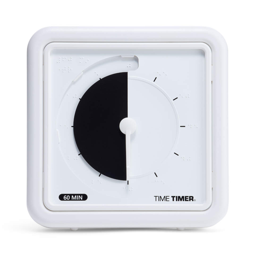 The Time Timer Braille (8 Inch) by Time Timer is a white square tactile timer with a visible black disk showing 30 minutes left. "60 MIN" and "TIME TIMER" are labeled at the bottom, making it an accessible assistive device.