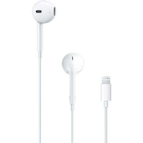 The Apple EarPods with Lightning Connector by Apple are white in-ear headphones with a built-in microphone, designed for seamless wired compatibility via the Lightning connector.