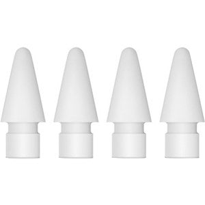 Four identical white Apple Pencil Tips (4 Pack) by Apple are arranged in a row against a plain background. Each tip features a rounded top and cylindrical base—ideal for keeping spare tips for your Apple Pencil on hand.