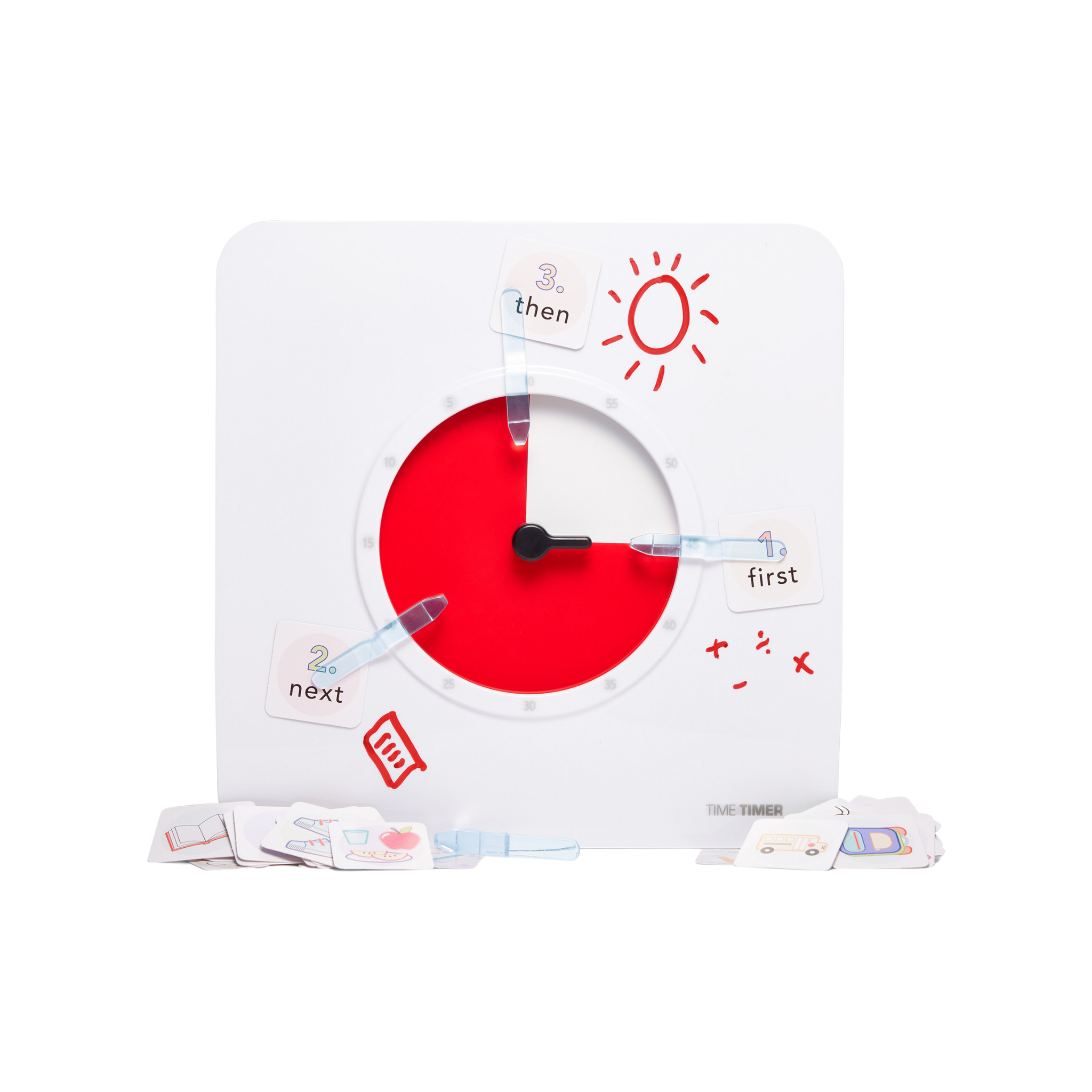 The Time Timer Original (8 Inch) with Visual Scheduler by Time Timer features a square timer with a red countdown display, black clock hand, and labeled "first, next, then" cards attached—plus extra illustrated cards for visual schedules to support autism routines.