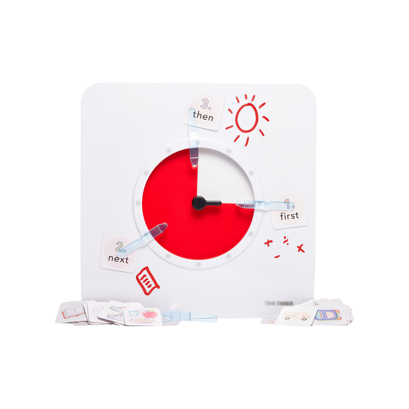 The Time Timer Original (8 Inch) with Visual Scheduler by Time Timer features a square timer with a red countdown display, black clock hand, and labeled "first, next, then" cards attached—plus extra illustrated cards for visual schedules to support autism routines.