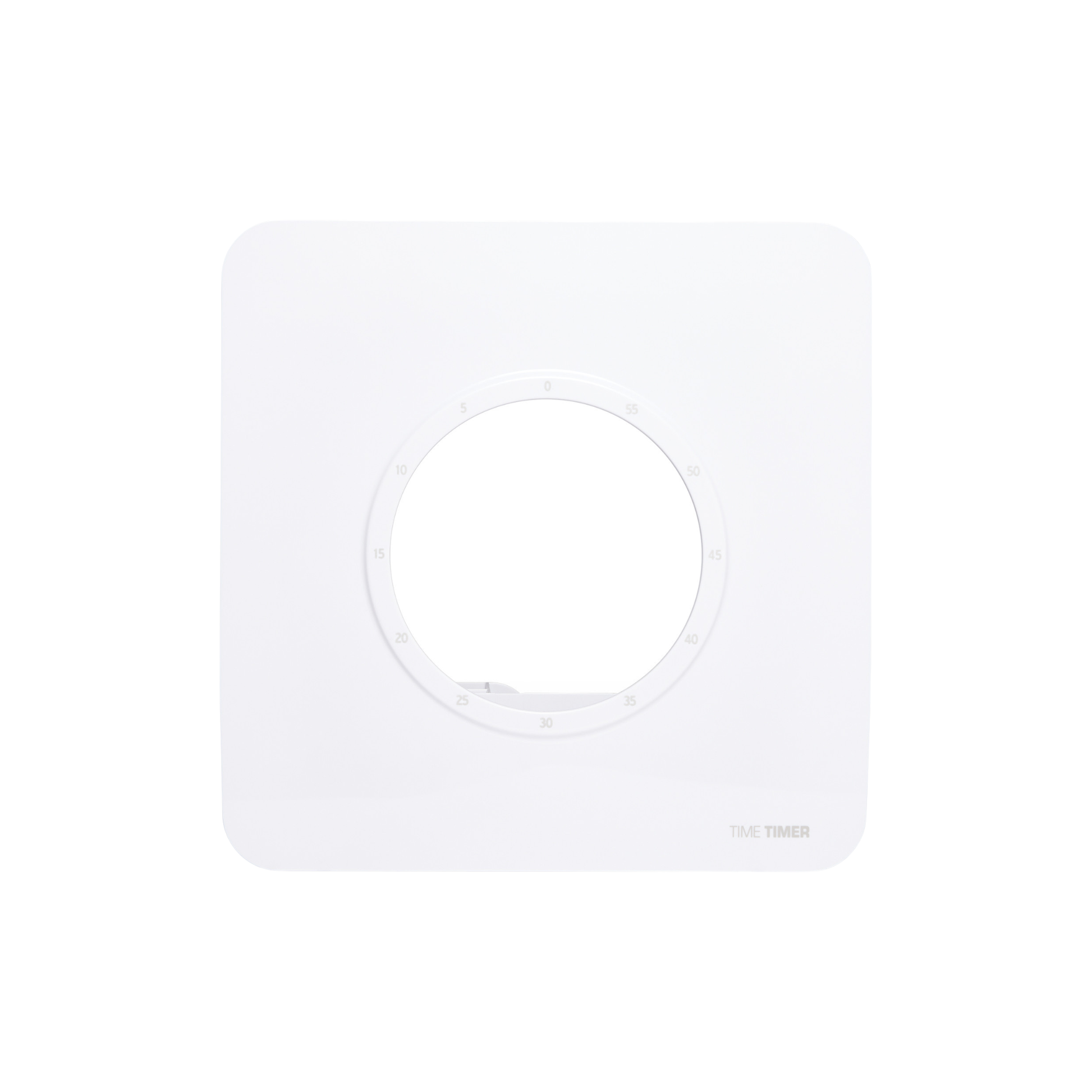 The Time Timer Visual Scheduler Accessory by Time Timer is a square, white visual timer with a central circular cutout and minute markings. Perfect as an autism visual scheduler, it's labeled "TIME TIMER" in light gray at the bottom right.