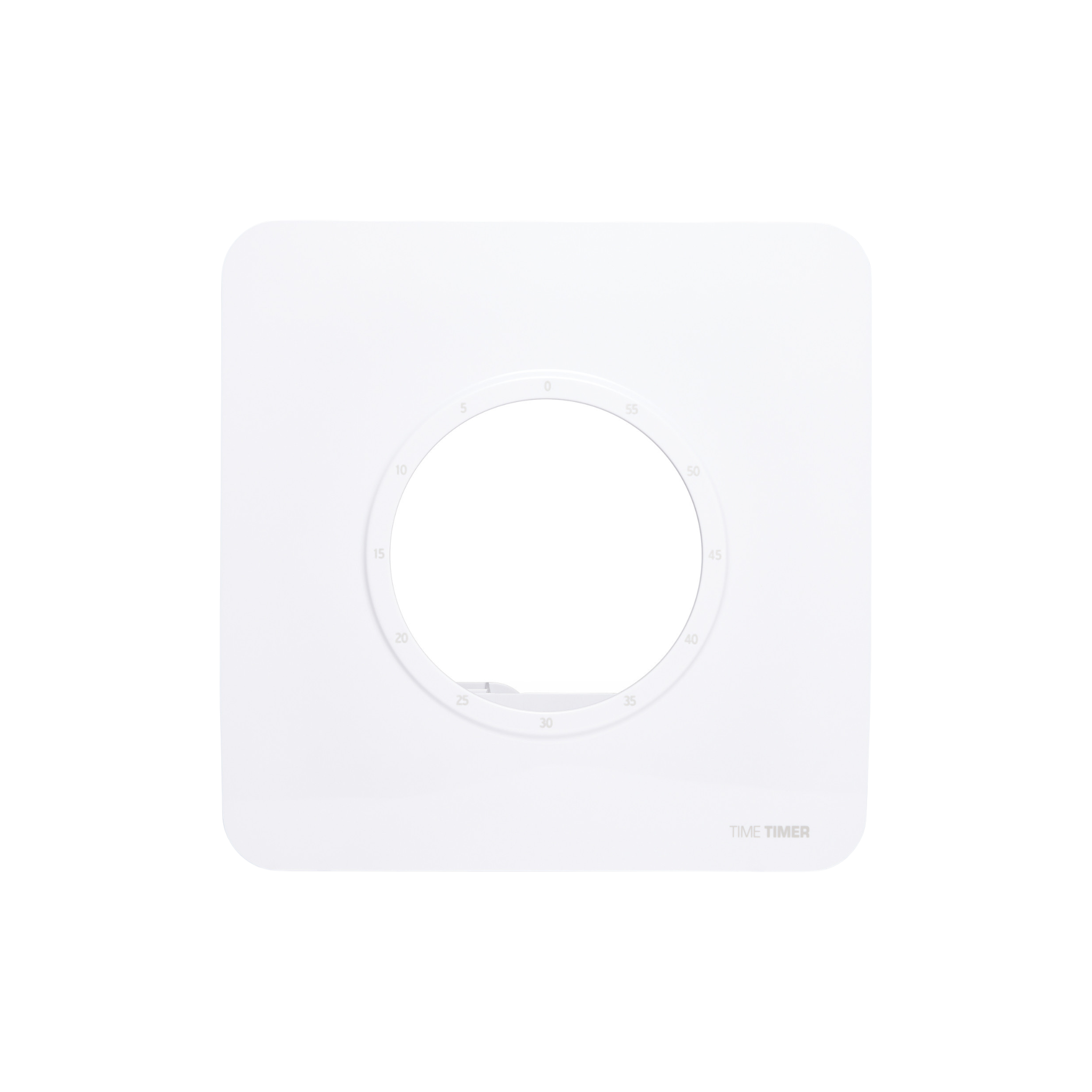 The Time Timer Visual Scheduler Accessory by Time Timer is a square, white visual timer with a central circular cutout and minute markings. Perfect as an autism visual scheduler, it's labeled "TIME TIMER" in light gray at the bottom right.