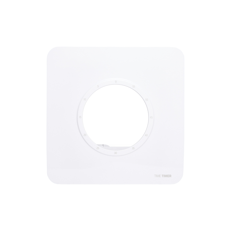 The Time Timer Visual Scheduler Accessory by Time Timer is a square, white tool with a large central hole and numbered dial, ideal for visual scheduling for individuals with autism (Requires Time Timer Original 8 Inch—sold separately).