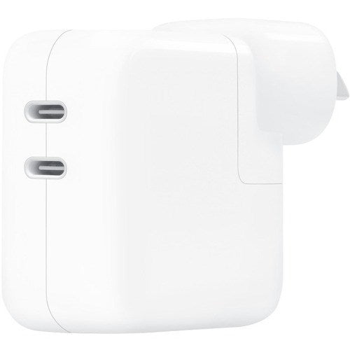 The Apple 35W Dual USB-C Port Power Adapter features two side USB-C ports and a foldable plug, providing fast charging for compatible devices.