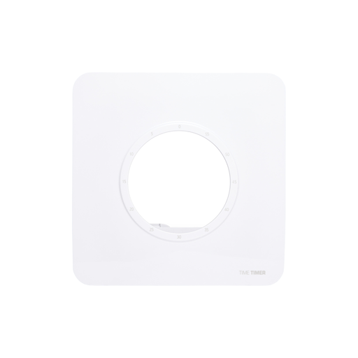 The Time Timer Visual Scheduler Accessory by Time Timer is a square, white tool with a large central hole and numbered dial, ideal for visual scheduling for individuals with autism (Requires Time Timer Original 8 Inch—sold separately).