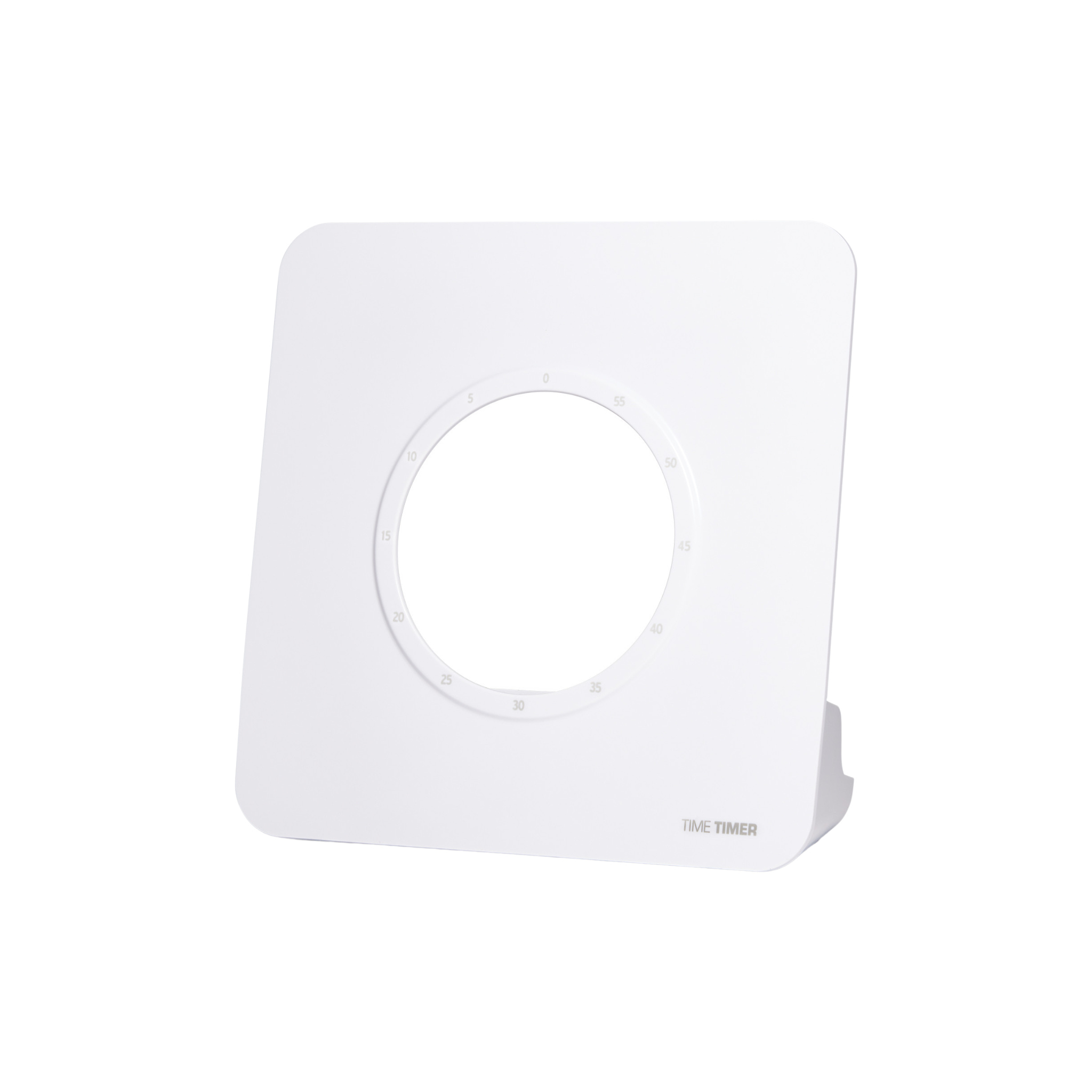The Time Timer Visual Scheduler Accessory by Time Timer is a minimalist white square timer with a large center cutout and minute markings; perfect for autism or visual scheduling, featuring "Time Timer" in the bottom right corner.
