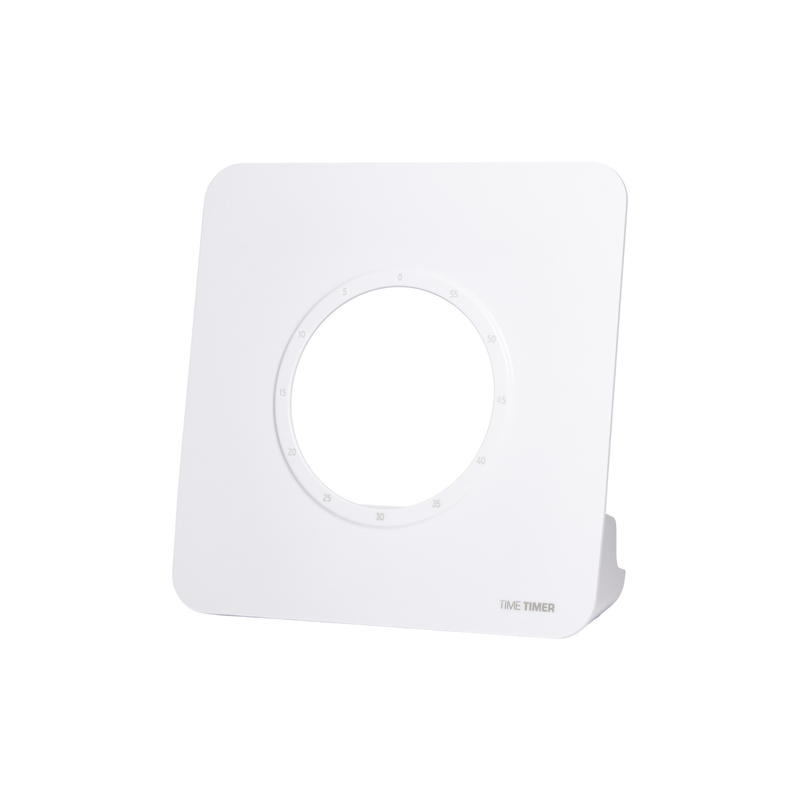 The Time Timer Visual Scheduler Accessory by Time Timer, designed for use with the 8-inch Time Timer Original (sold separately), features a white, square design with center cutout—ideal for autism support or as a visual scheduler on flat surfaces.