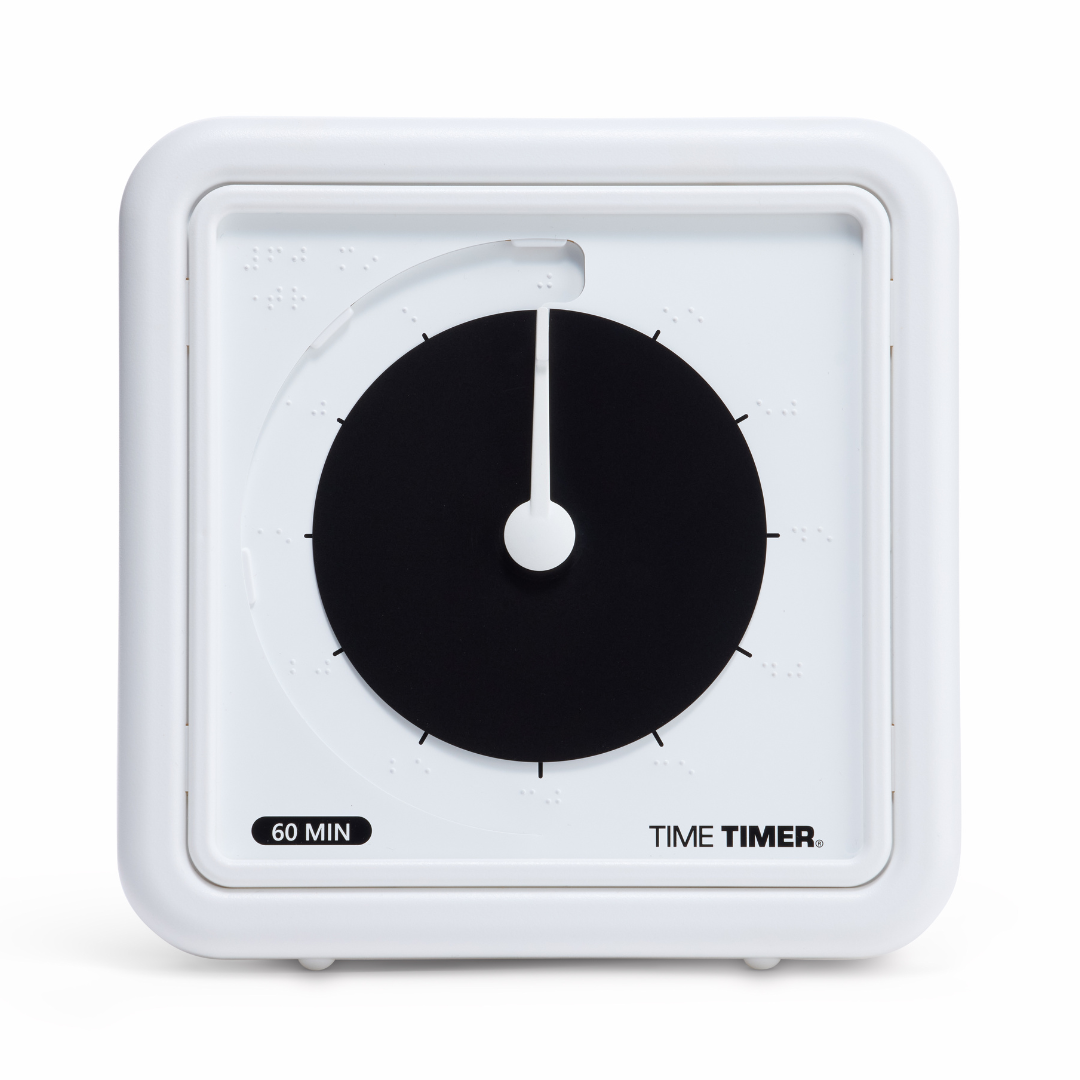 The Time Timer Braille (8 Inch) by Time Timer shows about 45 minutes left with a black disk for elapsed time. It features tactile Braille markings and is labeled TIME TIMER and 60 MIN, making it an effective assistive tool.