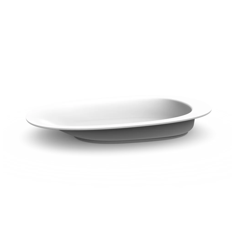 The Assistive Tech HenroPlate is a white, shallow, oval-shaped adaptive sloped plate with a raised rim, designed for easy one-handed eating.