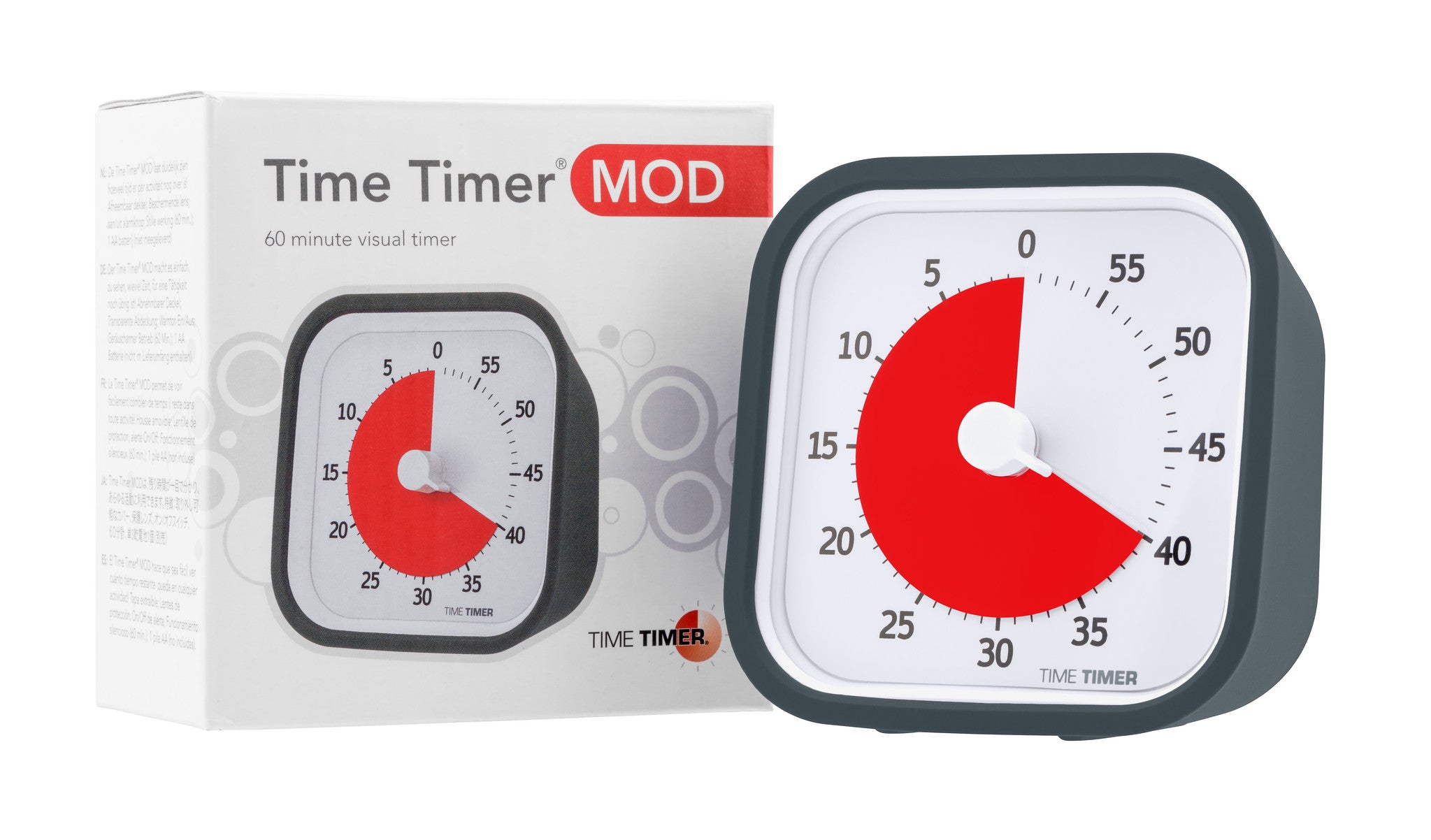 The Time Timer MOD [Berry/Charcoal] (60 min) by Time Timer is a square visual timer with a red display showing 30 minutes left, pictured in front of its box—a portable tool perfect for managing time at home, school, or the office.