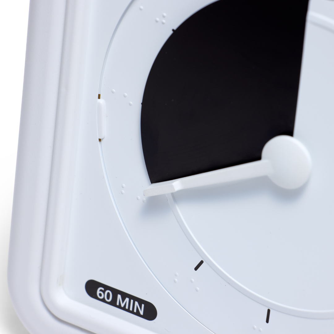A close-up of the Time Timer Braille (8 Inch) by Time Timer, set to 48 minutes. The black disk shows elapsed time, while tactile markings and braille dots provide accessibility. “60 MIN” appears at the bottom left.