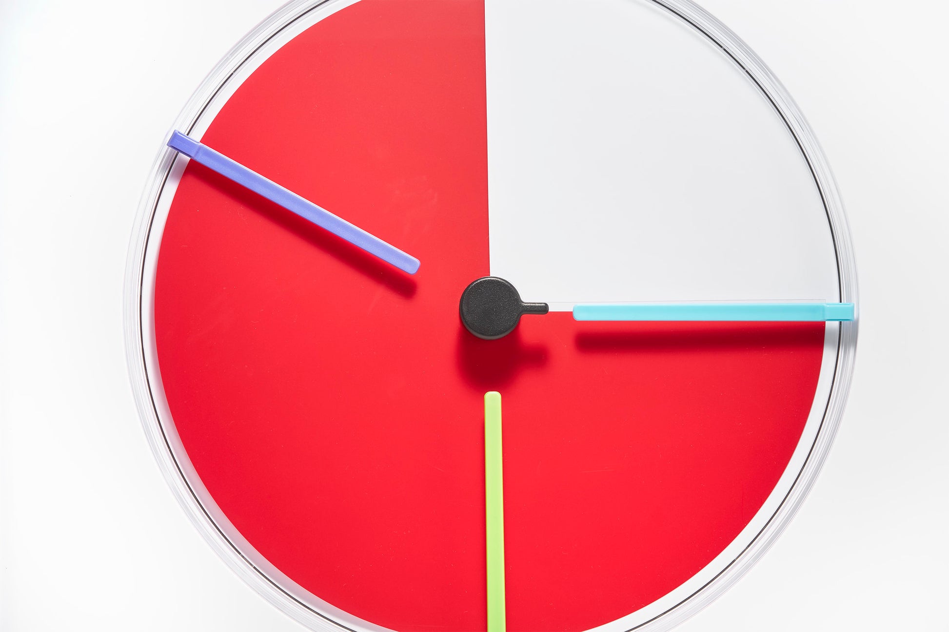 The Time Timer MAX Extra Set Markers (3 Colours) by Time Timer features three colorful markers—purple, light blue, and green—that can be used to highlight different times on your modern wall clock.