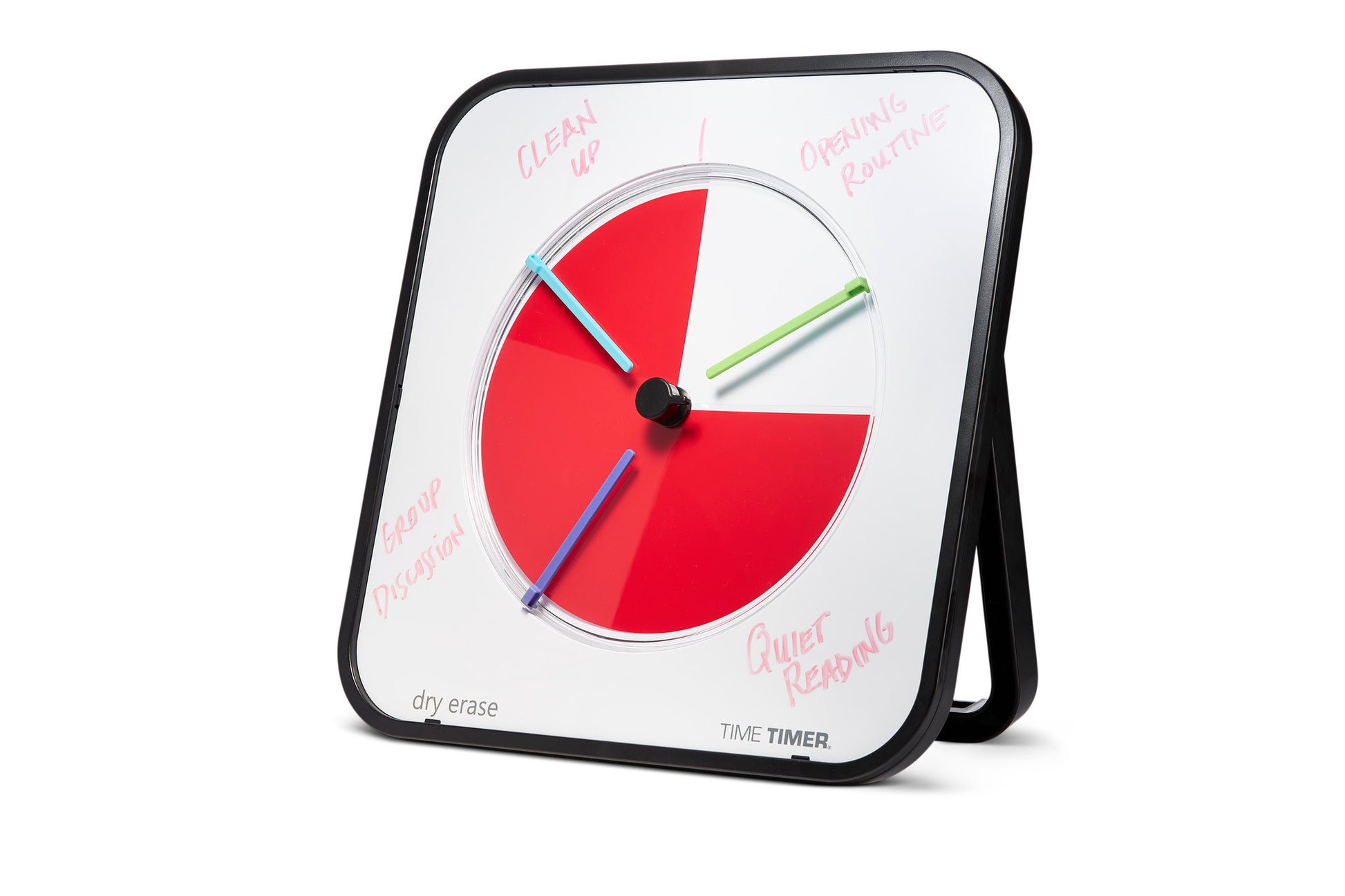 The Time Timer MAX Extra Set Markers (3 Colours) by Time Timer highlights time blocks on a square timer with red wedge and markers. Handwritten labels include CLEAN UP, OPENING ROUTINE, GROUP DISCUSSION, QUIET READING. NDIS funding may be available.