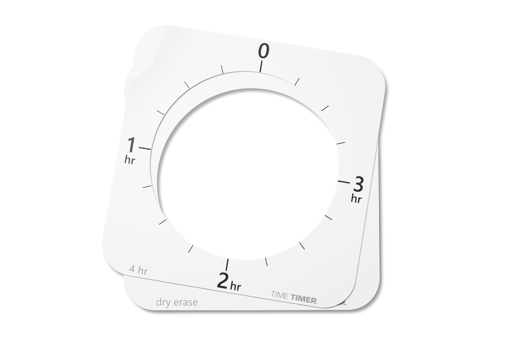 The Time Timer MAX Face Accessory (2 Faces) by Time Timer features a square dry erase timer face with a circular center cutout, numbered 0–4, ideal for assistive tech or use with the Time Timer MAX and NDIS funding.