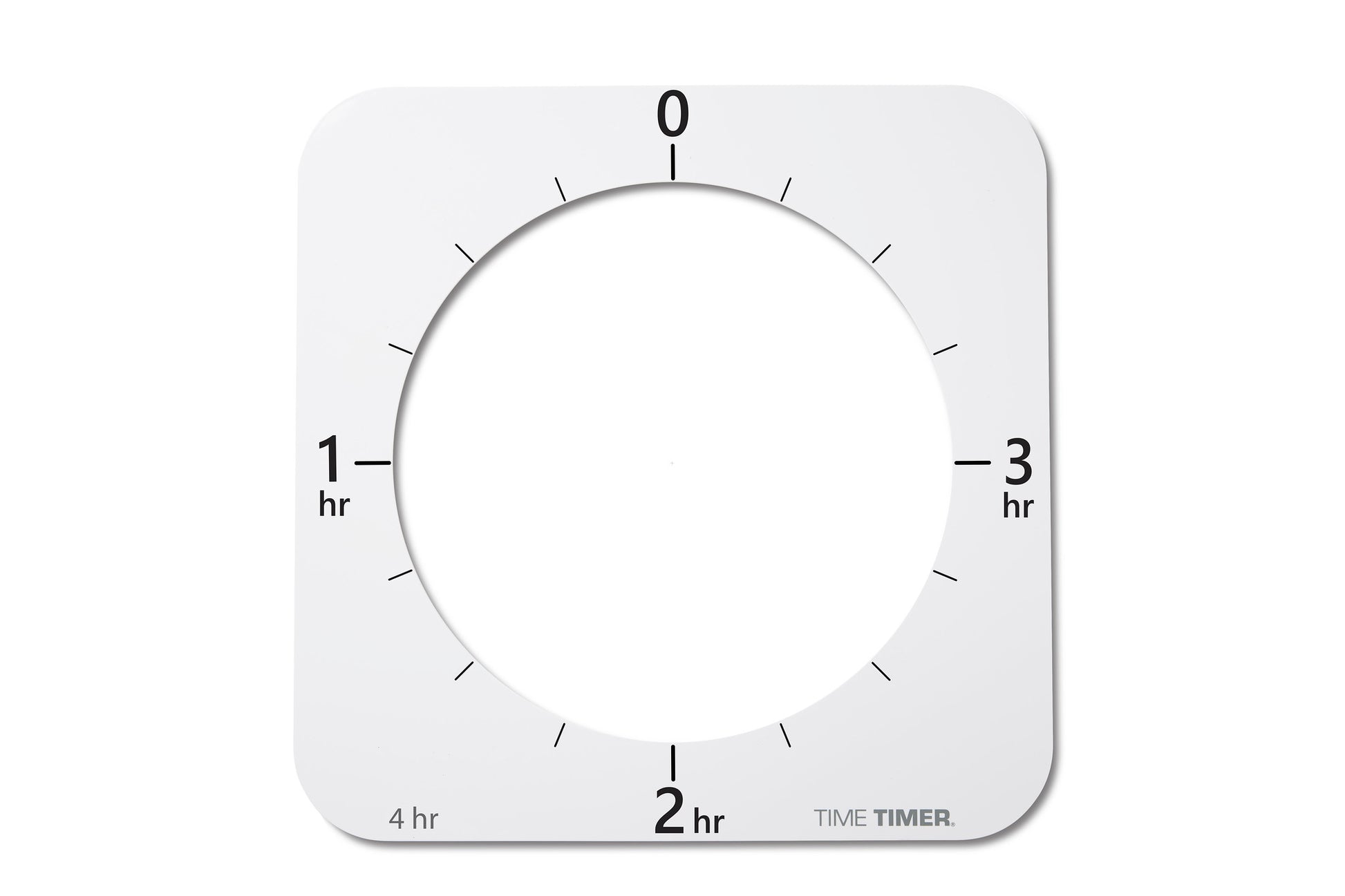 The Time Timer MAX Face Accessory (2 Faces) by Time Timer features a square white frame with a circular cutout and markings for 0, 1 hr, 2 hr, 3 hr, and 4 hr—ideal assistive tech for NDIS funding support.