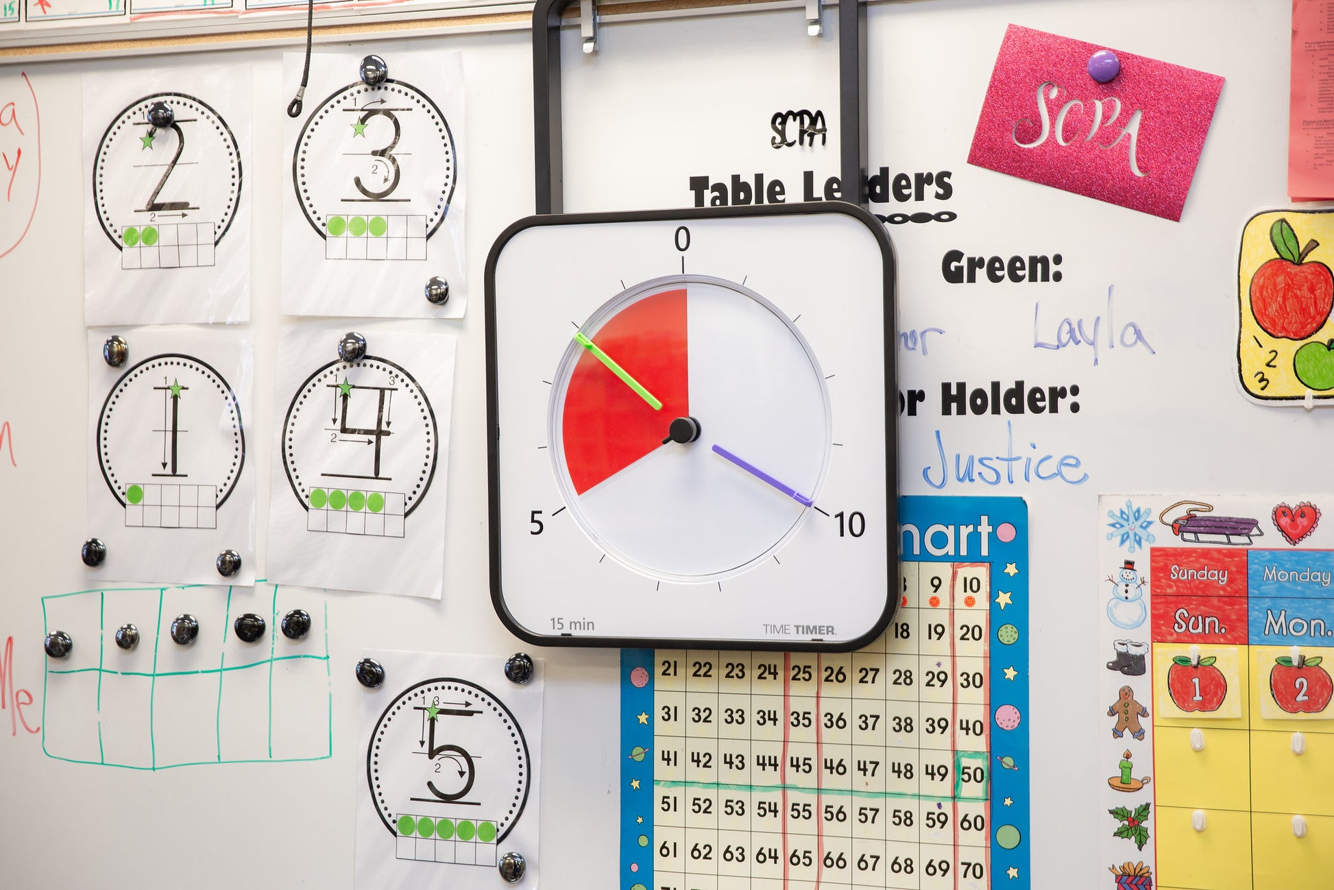 A classroom whiteboard with number charts, a large Time Timer MAX showing 5 minutes left, a red SOPA note, and various materials including the Time Timer MAX Extra Set Markers (3 Colours) by Time Timer, a days-of-the-week chart, and a 1-100 grid.