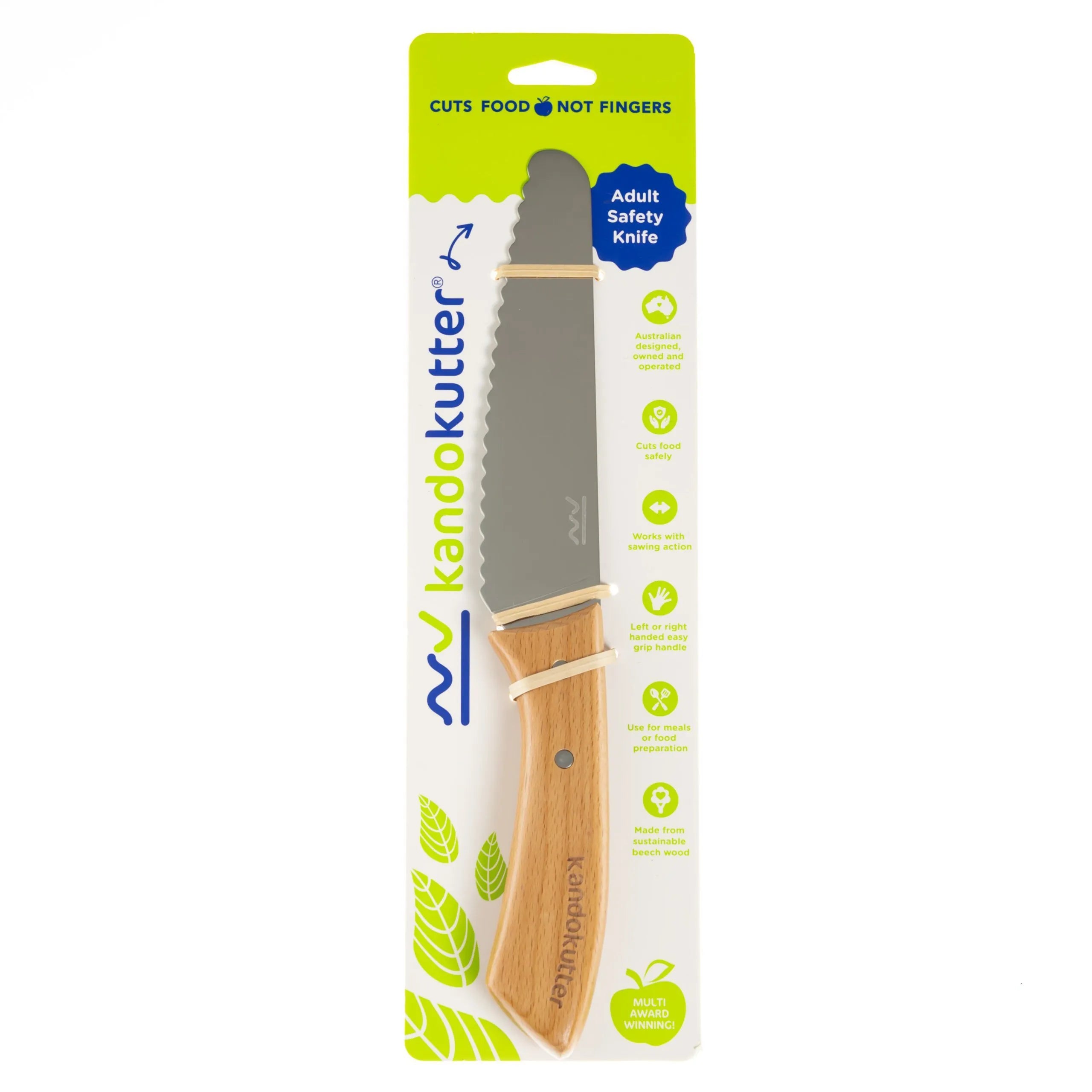 The KiddiKutter KandoKutter Adult Safe Knife [Wooden] features a wooden handle and a rounded, serrated stainless steel blade. Labeled "Cuts food not fingers," it's an ergonomic, safe kitchen knife for food preparation.