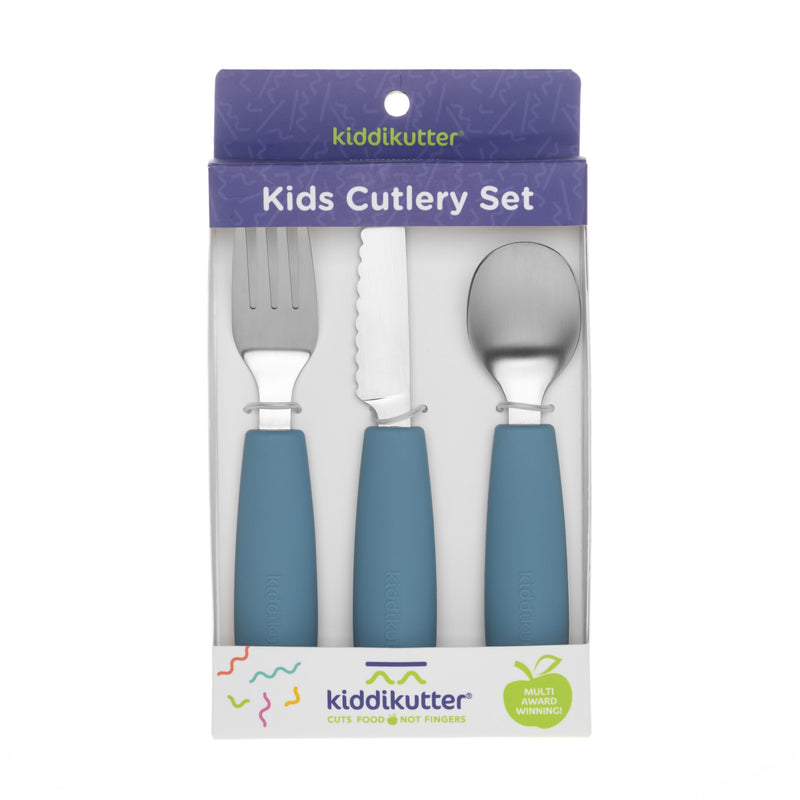 The KiddiKutter Kids Cutlery Set [Sky Blue] by KiddiKutter includes a fork, knife, and spoon with blue silicone handles in purple and white packaging labeled "Kids Cutlery Set" and "Cuts food & not fingers.