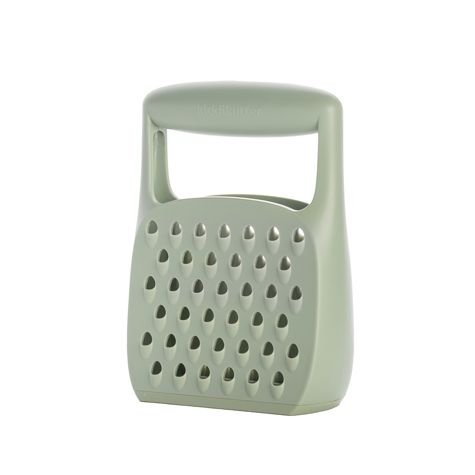 The KiddiKutter Grater by KiddiKutter is a light green, plastic, hand-held kids’ food grater with a large handle and oval-shaped holes—compact, modern, and designed for safe, easy use by little hands.