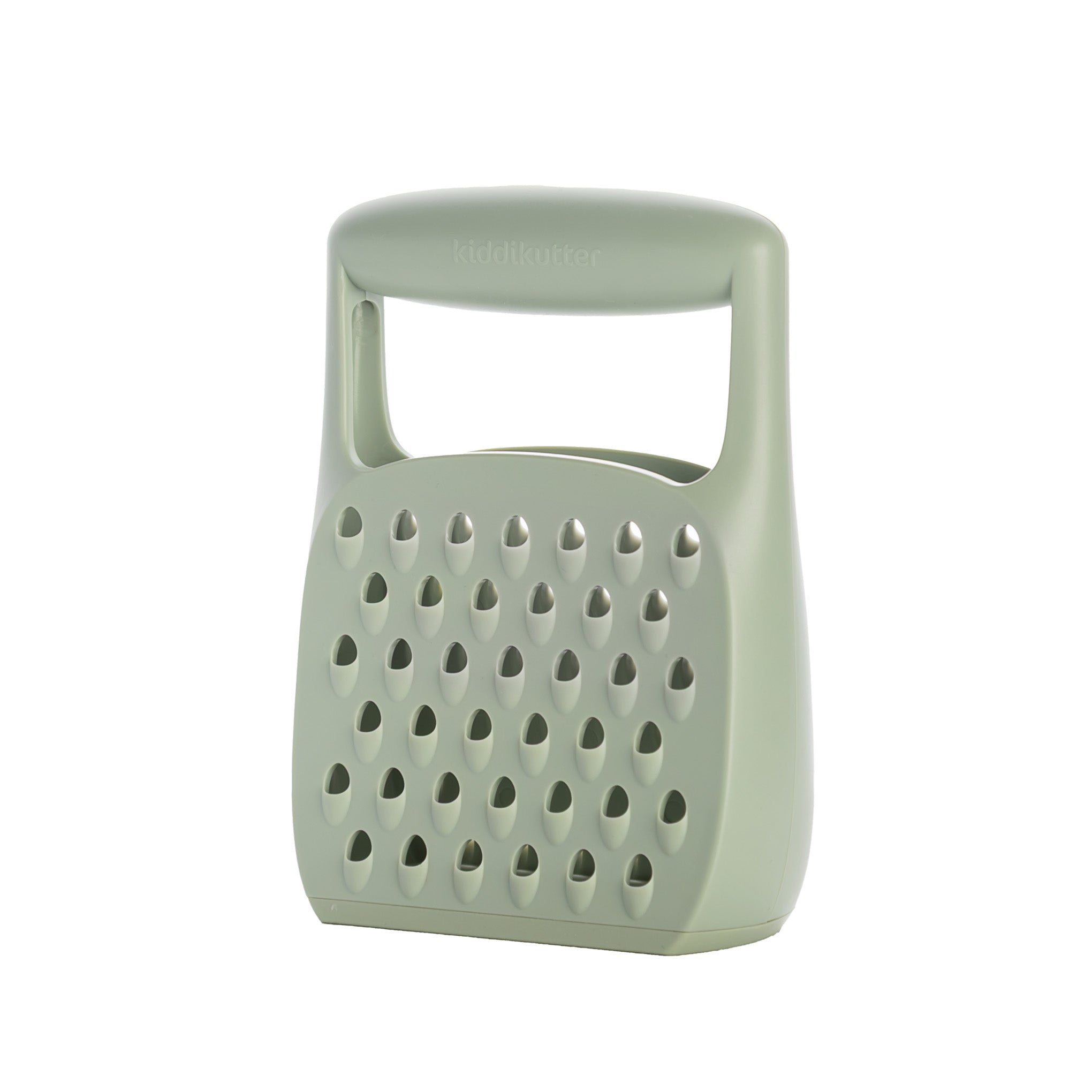 The KiddiKutter Grater by KiddiKutter is a light green, plastic, hand-held kids’ food grater with a large handle and oval-shaped holes—compact, modern, and designed for safe, easy use by little hands.
