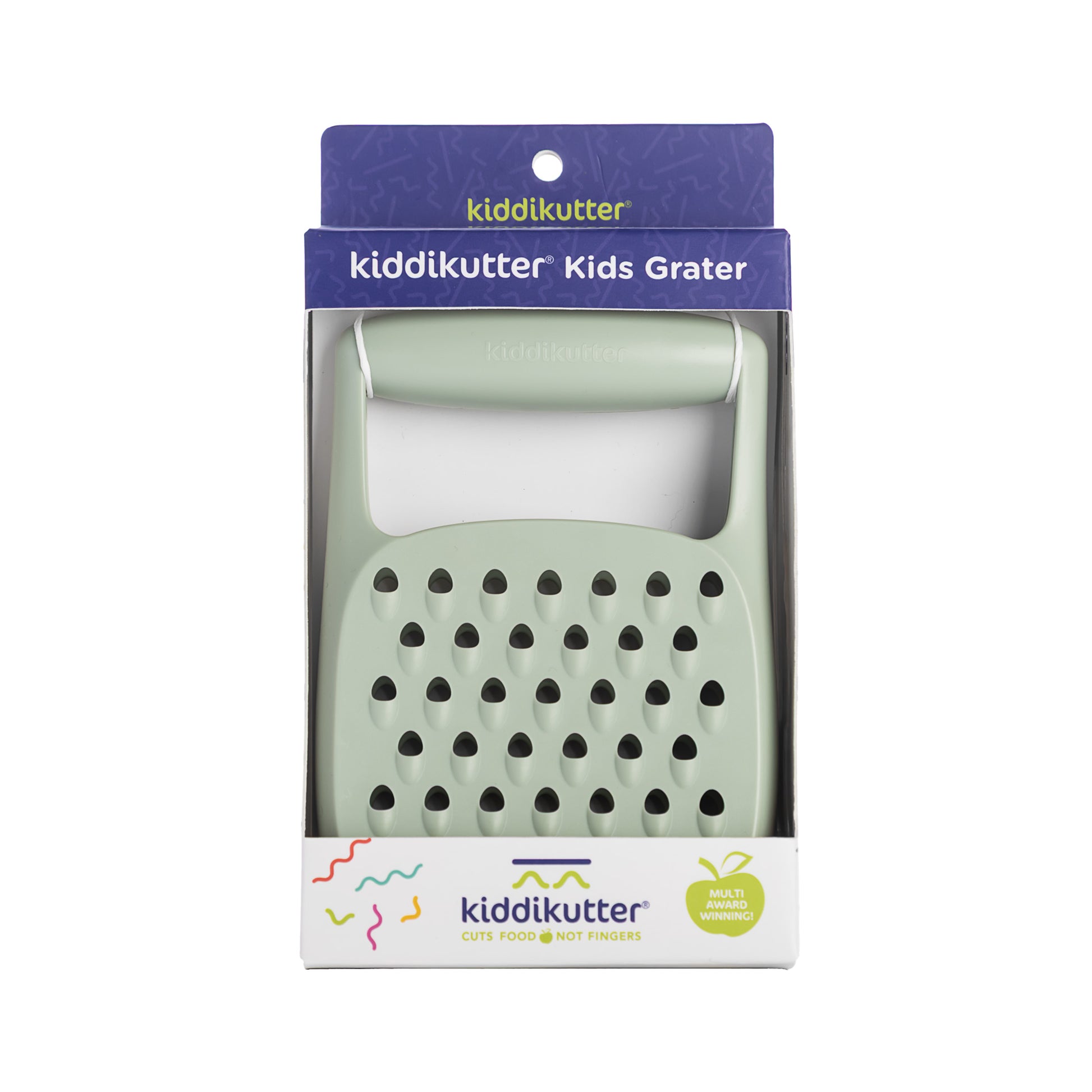 The KiddiKutter Grater by KiddiKutter features a light green handle and comes in vibrant purple and white packaging, making it a safe, colorful kitchen tool designed especially for kids.