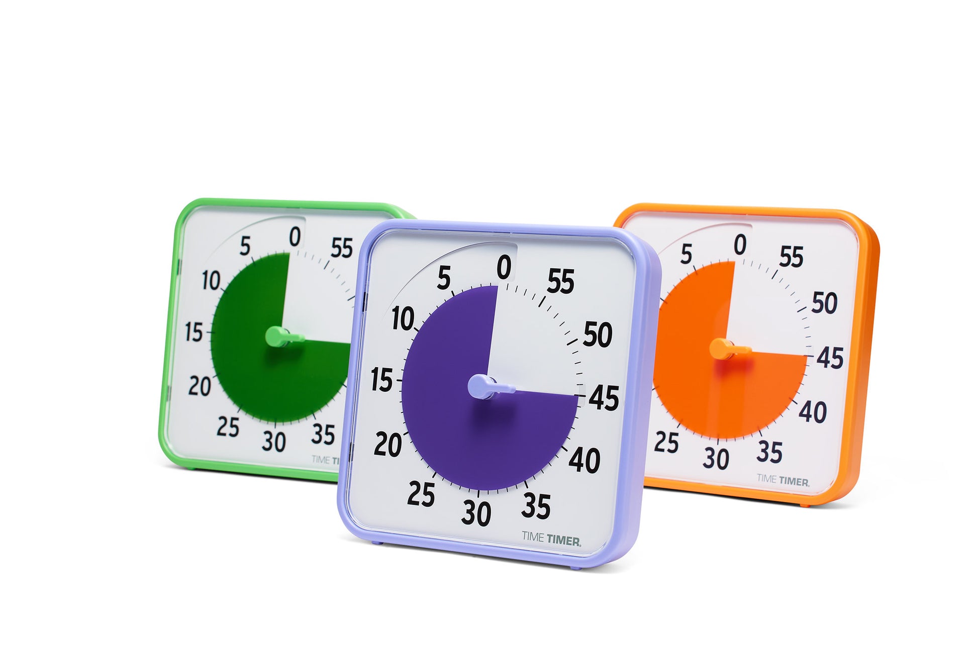 The Time Timer Original (8 inch) Learning Center Classroom Set by Time Timer features green, purple, and orange square timers, each showing about 25 minutes left—ideal for classroom time management. Timers are arranged in a staggered row on a white surface.