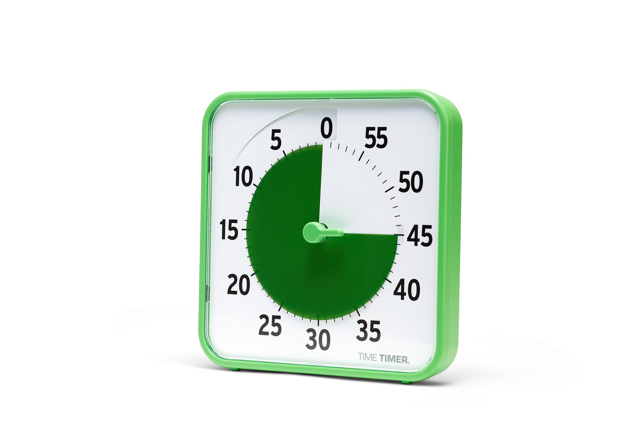 The Time Timer Original (8 inch) Learning Center Classroom Set by Time Timer features a green frame, white face, black numbers, and a green section to show 30 minutes remaining—ideal for classroom time management.
