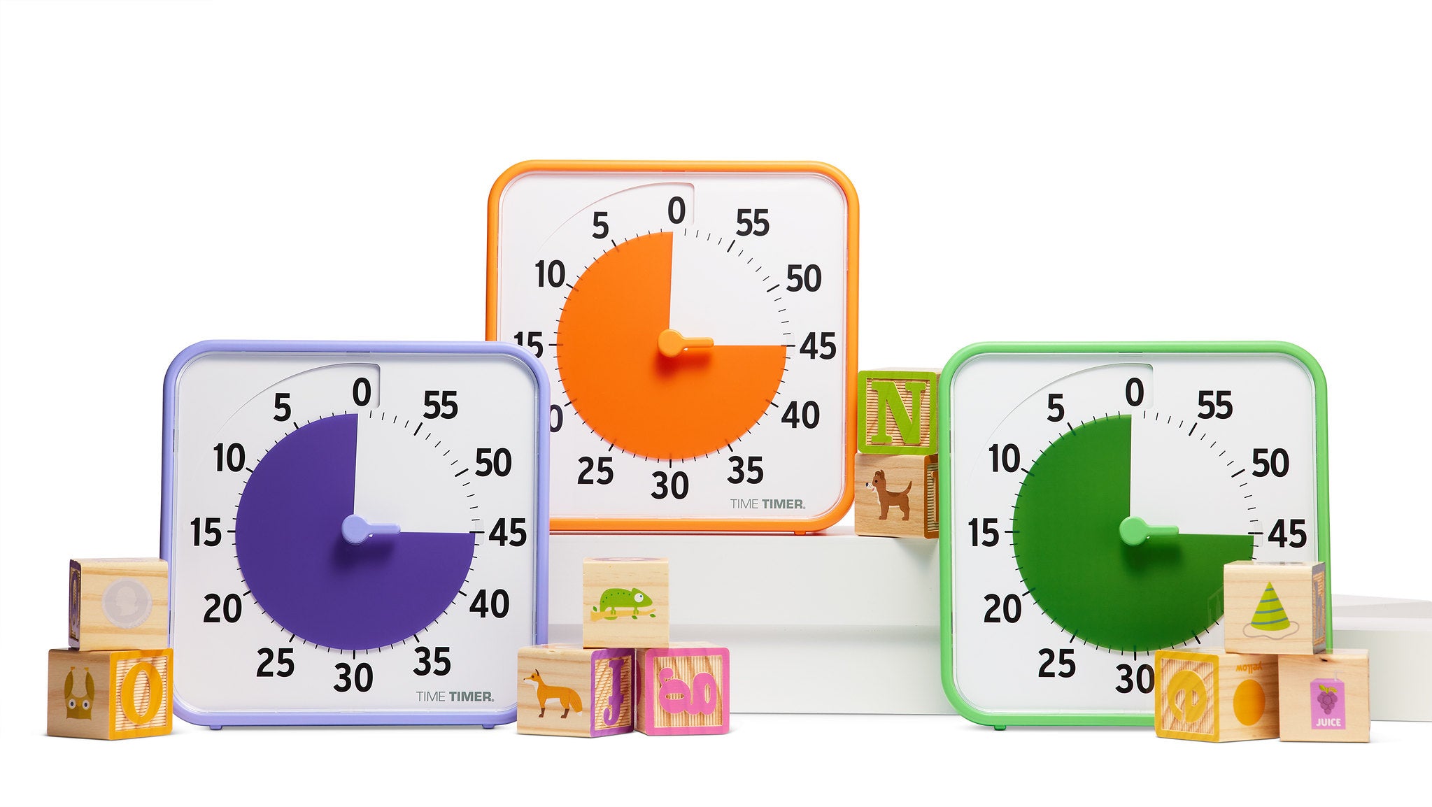 The Time Timer Original (8 inch) Learning Center Classroom Set by Time Timer features three square visual timers in purple, orange, and green for 20, 25, and 30 minutes. Includes wooden toy blocks—ideal for classroom time management or learning centers.