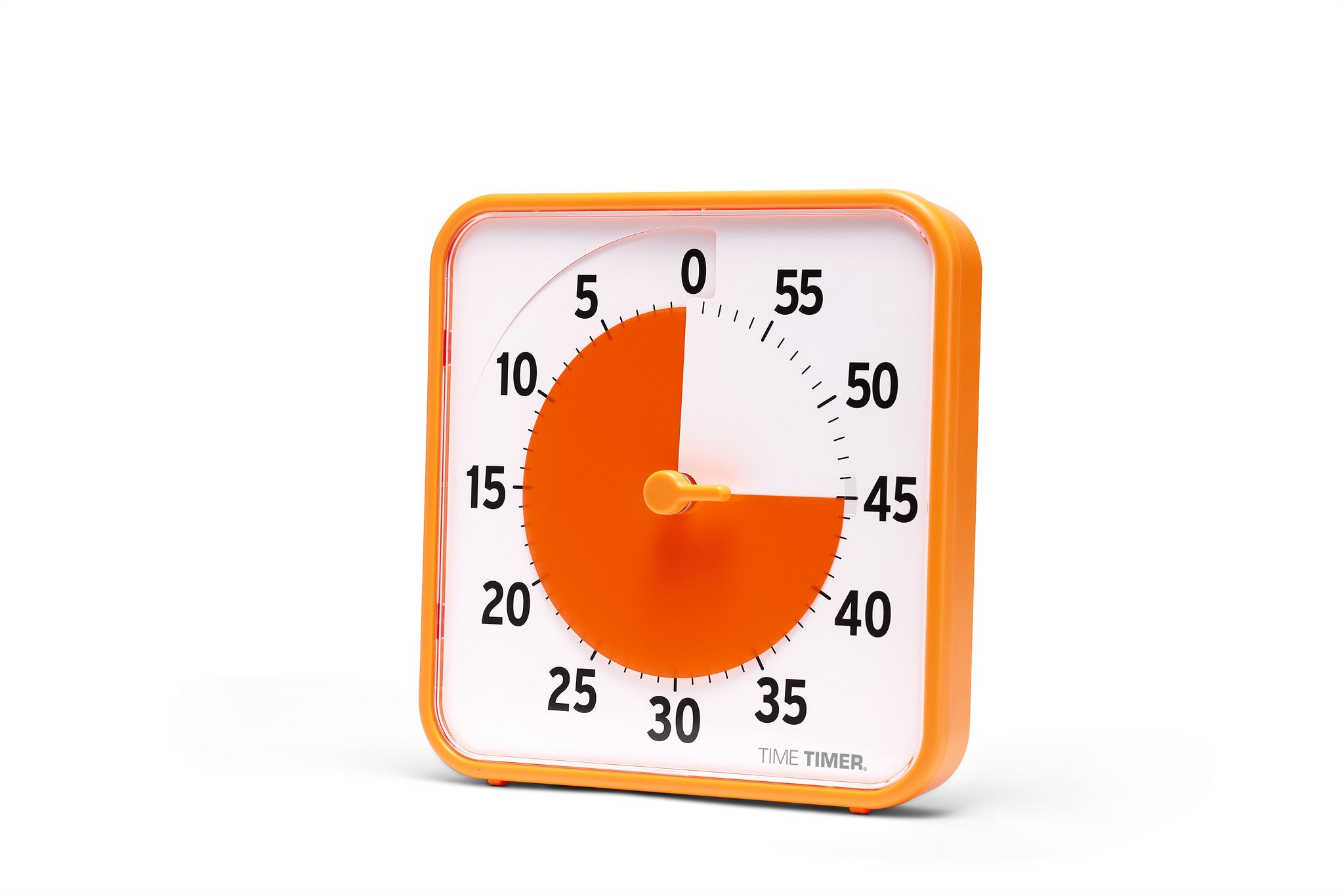 The Time Timer Original (8 inch) Learning Center Classroom Set by Time Timer features a square orange timer with 45 minutes left, its orange disk covers three-quarters of the face. Bold black numbers on white make it ideal for classroom time management.