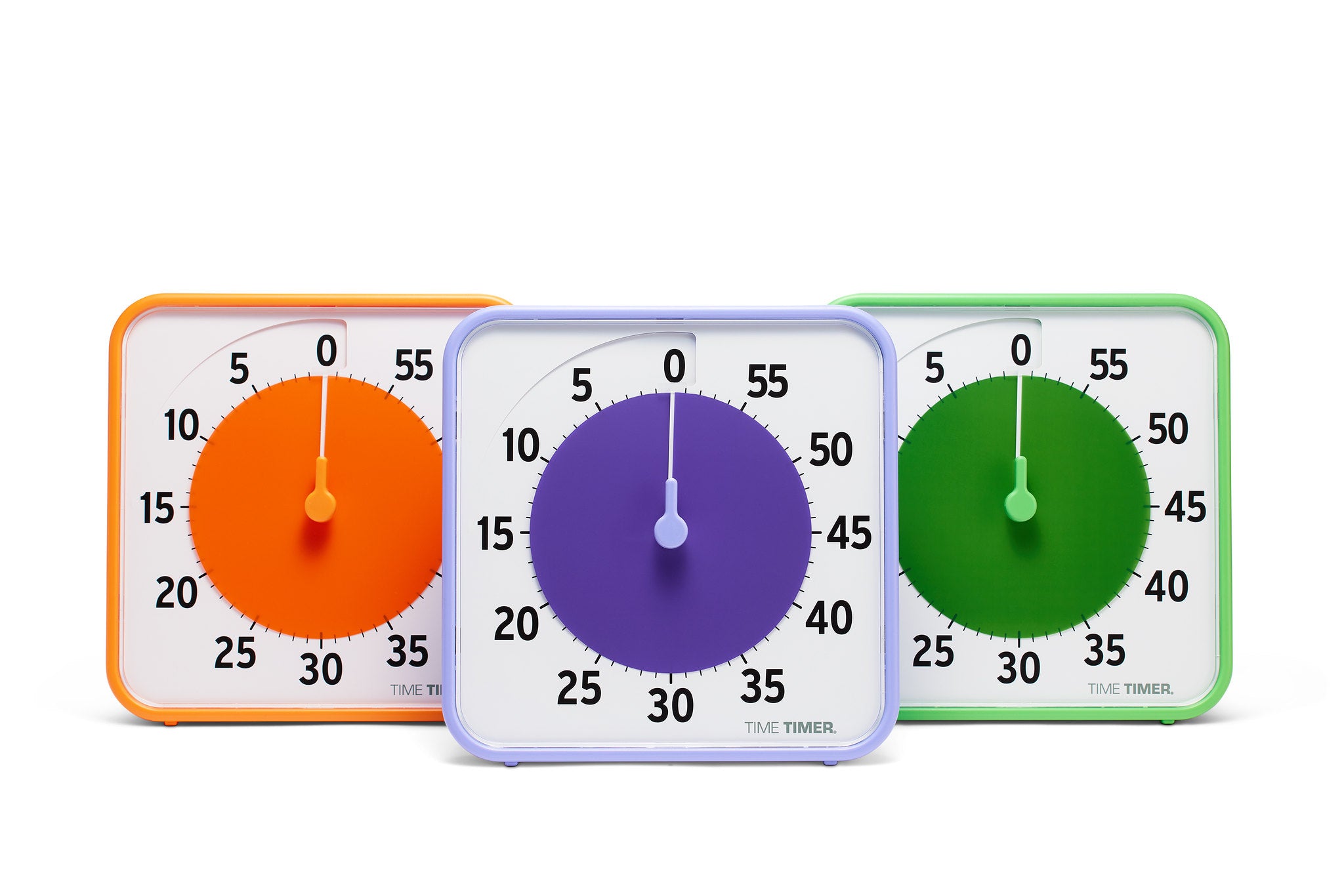 The Time Timer Original (8 inch) Learning Center Classroom Set by Time Timer features orange, purple, and green square timers, each showing 30 minutes left—ideal for classroom or learning center time management.