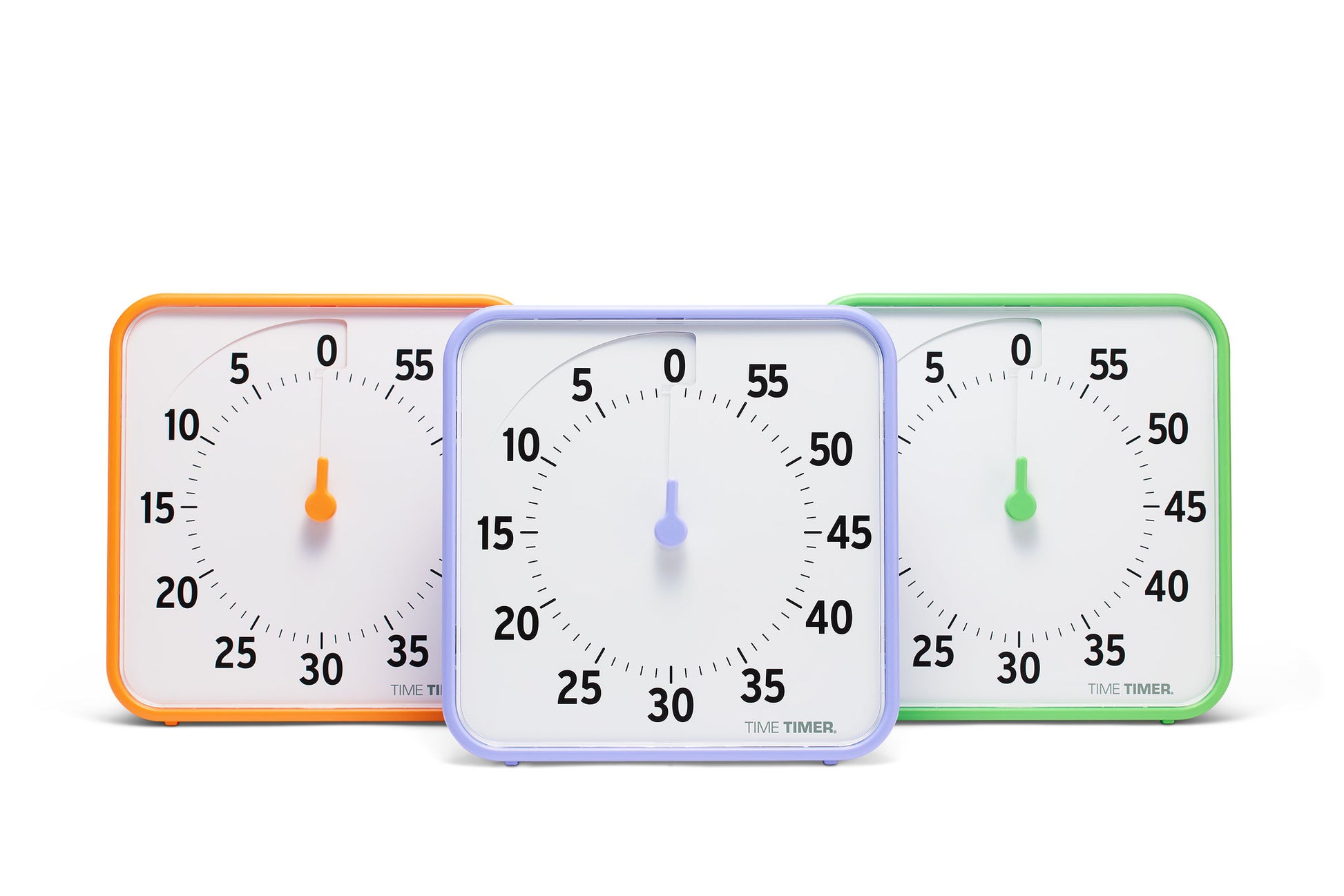 The Time Timer Original (8 inch) Learning Center Classroom Set (Secondary Colour Collection) by Time Timer includes three square visual timers with orange, blue, and green frames, each with a 0–55 minute dial for classroom time management.