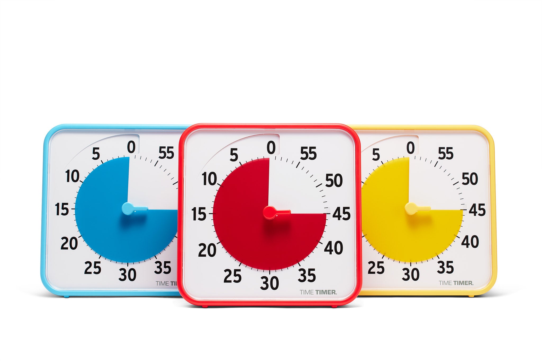 The Time Timer Original (8 inch) Learning Center Classroom Set by Time Timer features blue, red, and yellow visual timers set to 30, 20, and 15 minutes—each with black numbers on white faces—perfect for classroom time management.