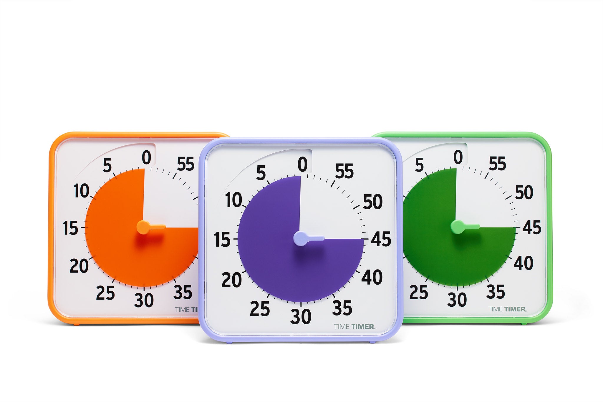 The Time Timer Original (8 inch) Learning Center Classroom Set by Time Timer features three square visual timers—orange (15 min), purple (30 min), and green (45 min)—ideal for classroom time management.