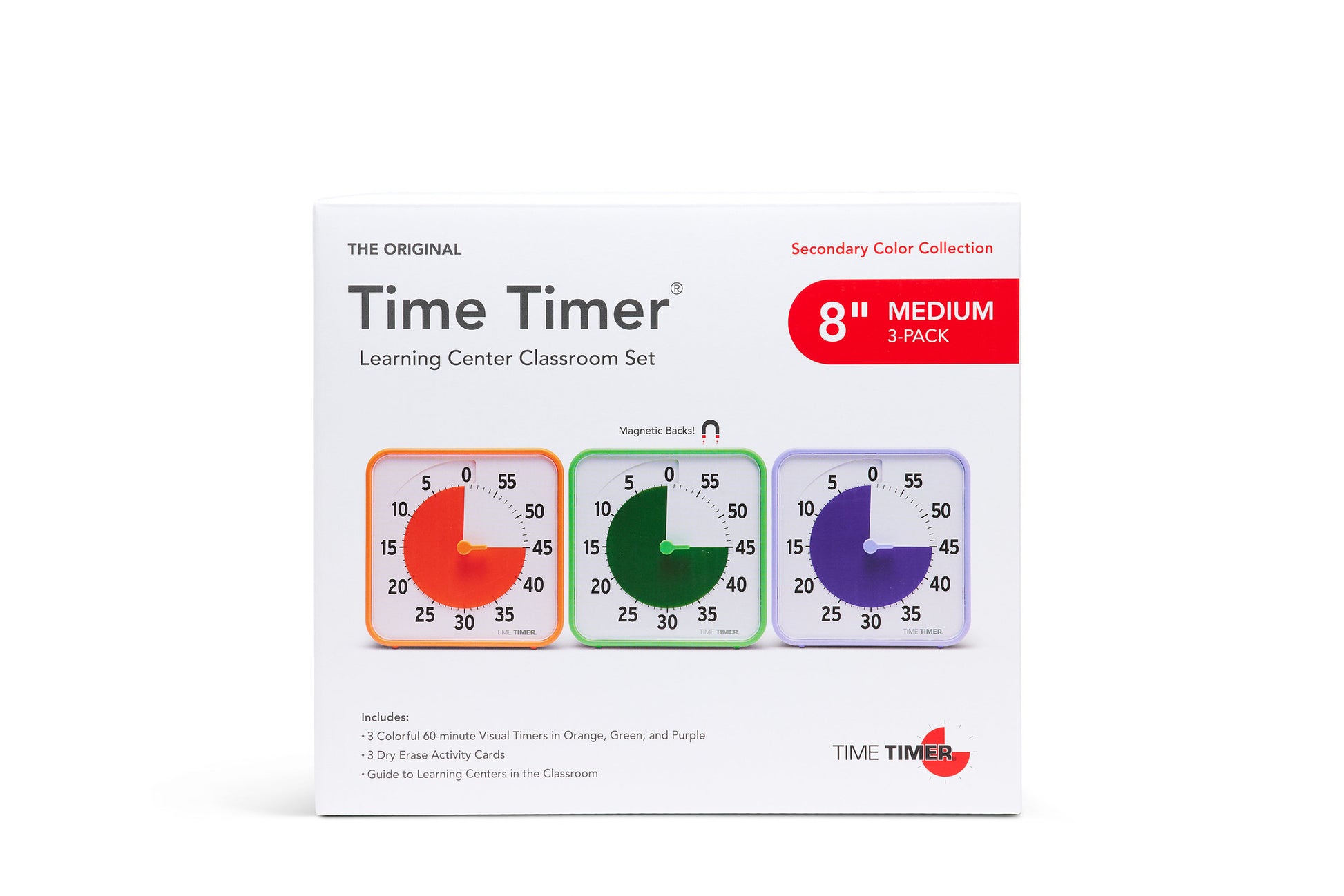 The Time Timer Original (8 inch) Learning Center Classroom Set (Secondary Colour Collection) by Time Timer includes three visual timers in orange, green, and purple, plus activity cards and a guide—ideal for classroom time management.