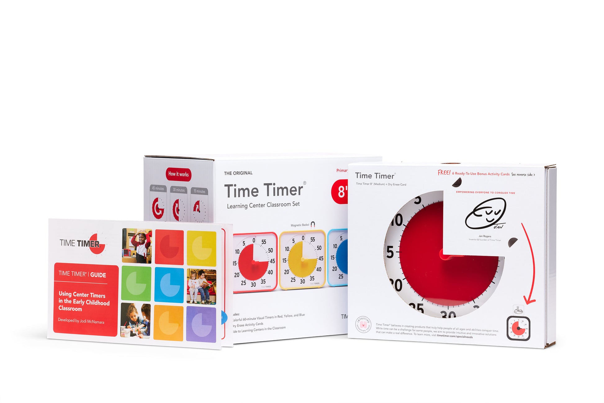 The Time Timer Original (8 inch) Learning Center Classroom Set (Primary Colour Collection) by Time Timer features visual timers, a classroom set box, and colorful guidebook—ideal for classroom time management and early childhood learning.