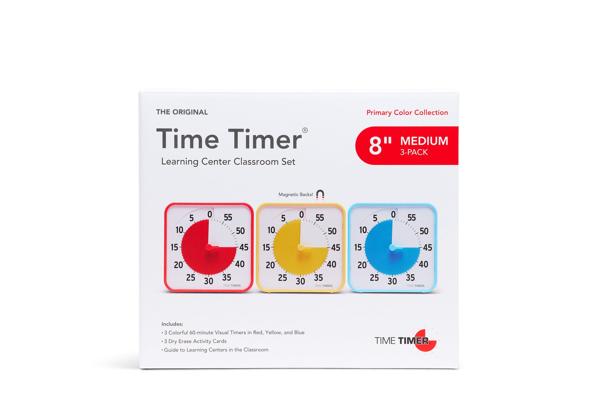A white Time Timer Original (8 inch) Learning Center Classroom Set (Primary Colour Collection) box by Time Timer with three visual timers in red, yellow, and blue for 0-60 minute classroom time management; medium 3-pack.