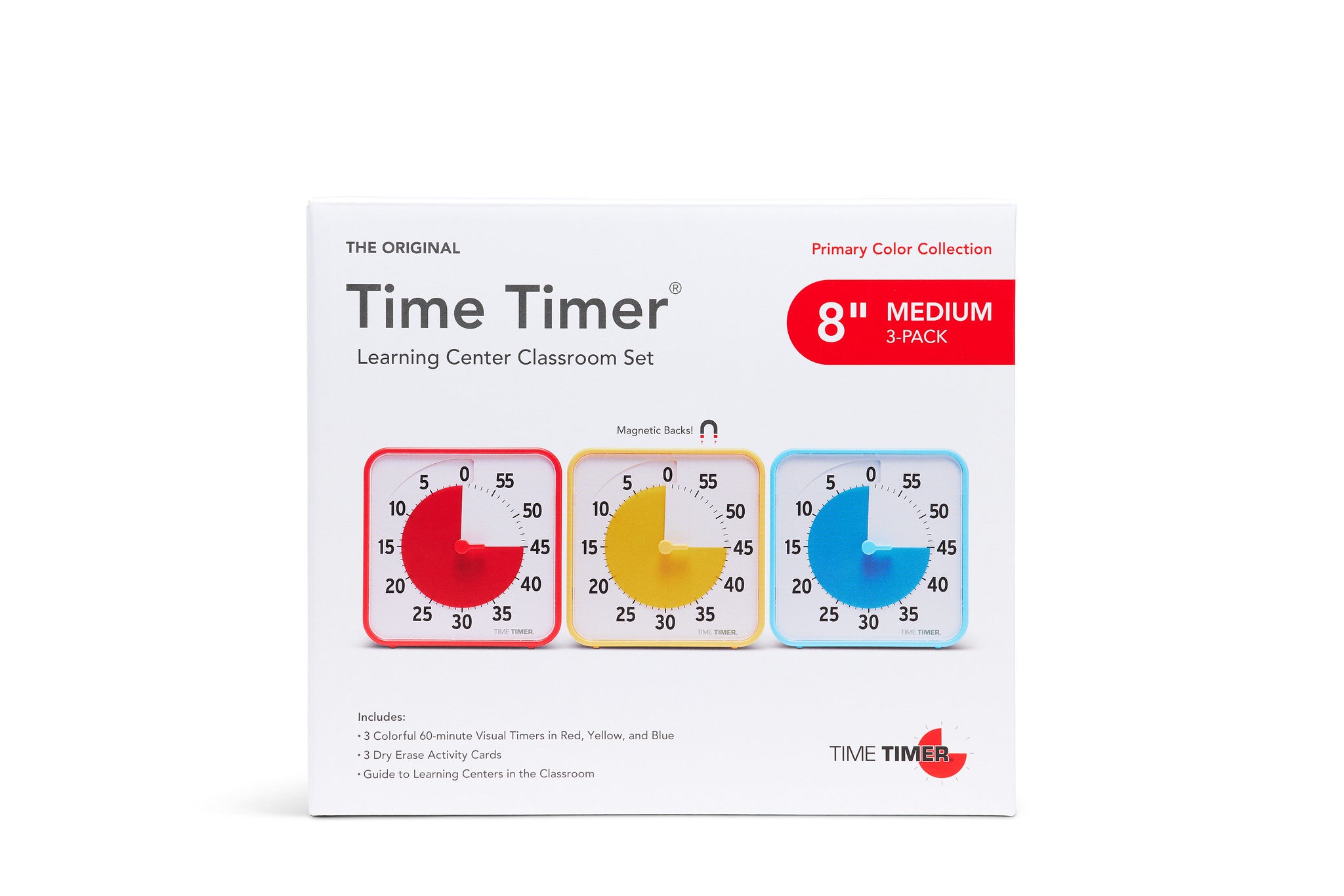 A white Time Timer Original (8 inch) Learning Center Classroom Set (Primary Colour Collection) box by Time Timer with three visual timers in red, yellow, and blue for 0-60 minute classroom time management; medium 3-pack.