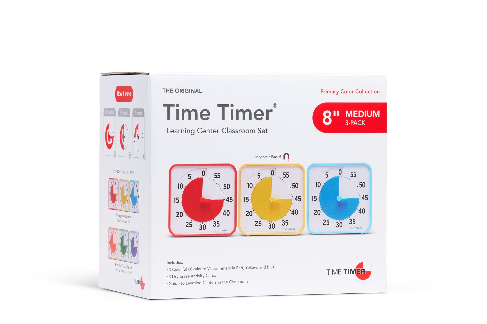 The Time Timer Original (8 inch) Learning Center Classroom Set (Primary Colour Collection) by Time Timer includes three medium visual timers in red, yellow, and blue—ideal classroom time management tools.