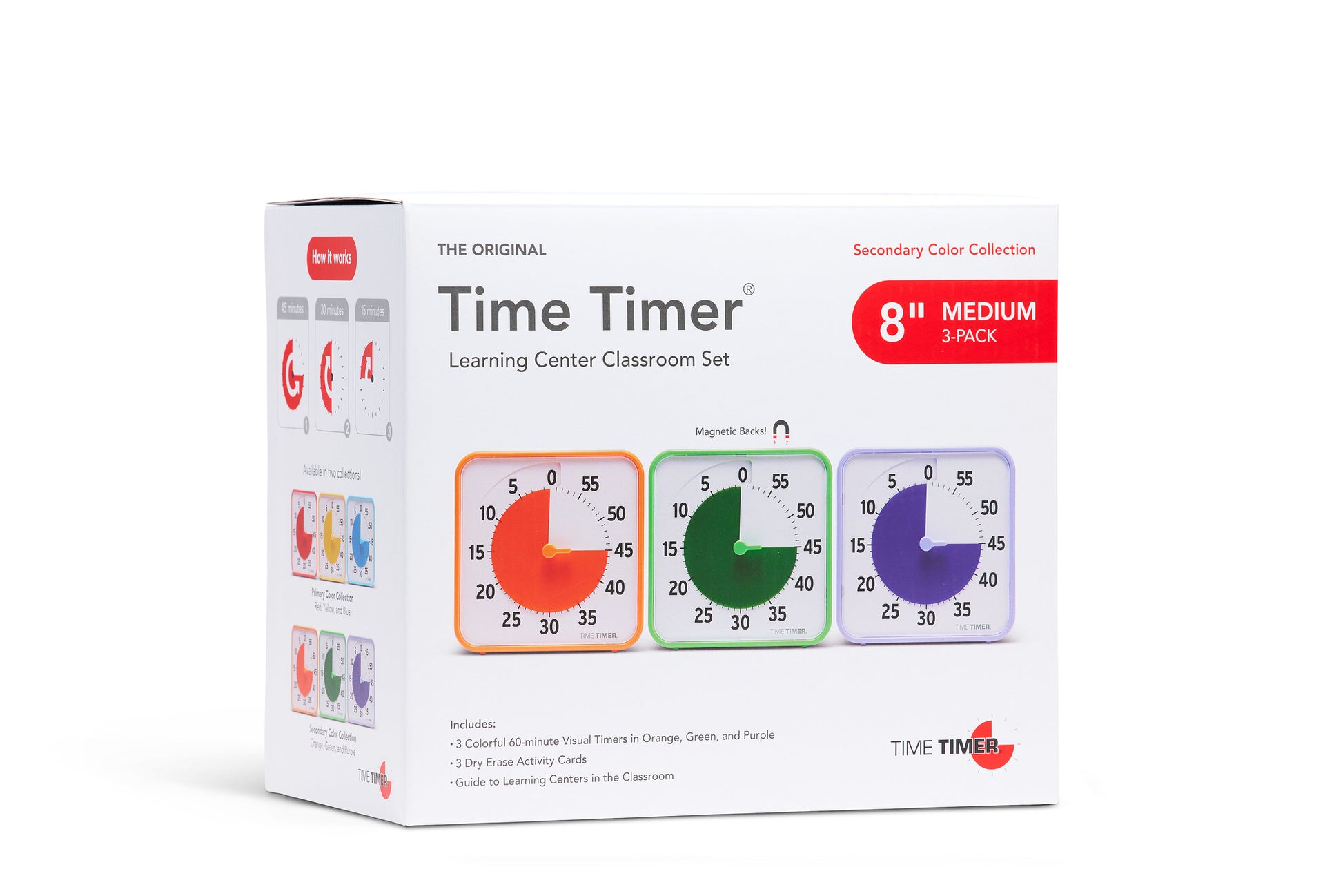 The Time Timer Original (8 inch) Learning Center Classroom Set (Secondary Colour Collection) by Time Timer includes three visual timers in red, green, and purple with magnetic backs—perfect for classroom time management.