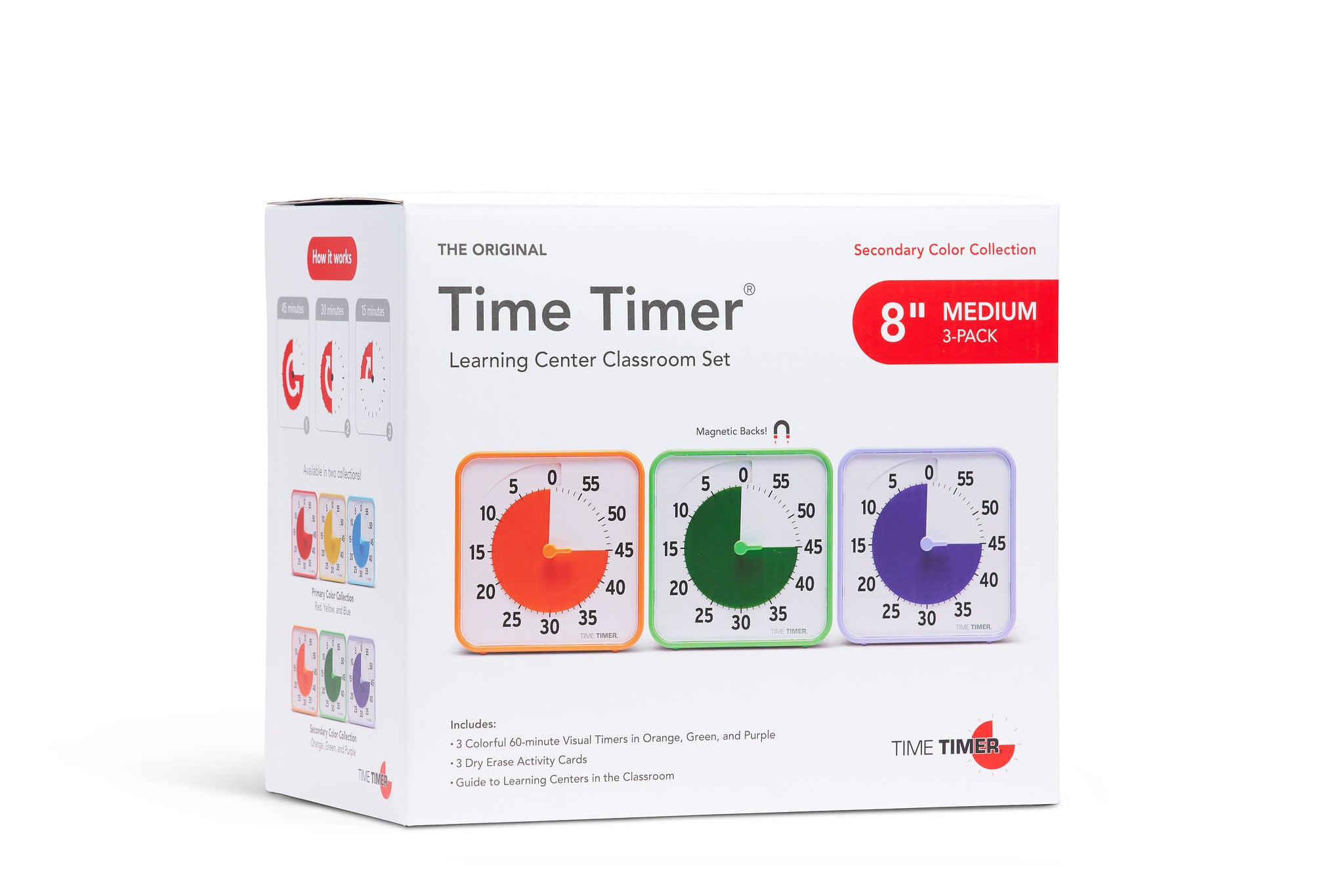 The Time Timer Original (8 inch) Learning Center Classroom Set (Secondary Colour Collection) by Time Timer includes three visual timers in red, green, and purple with magnetic backs—perfect for classroom time management.