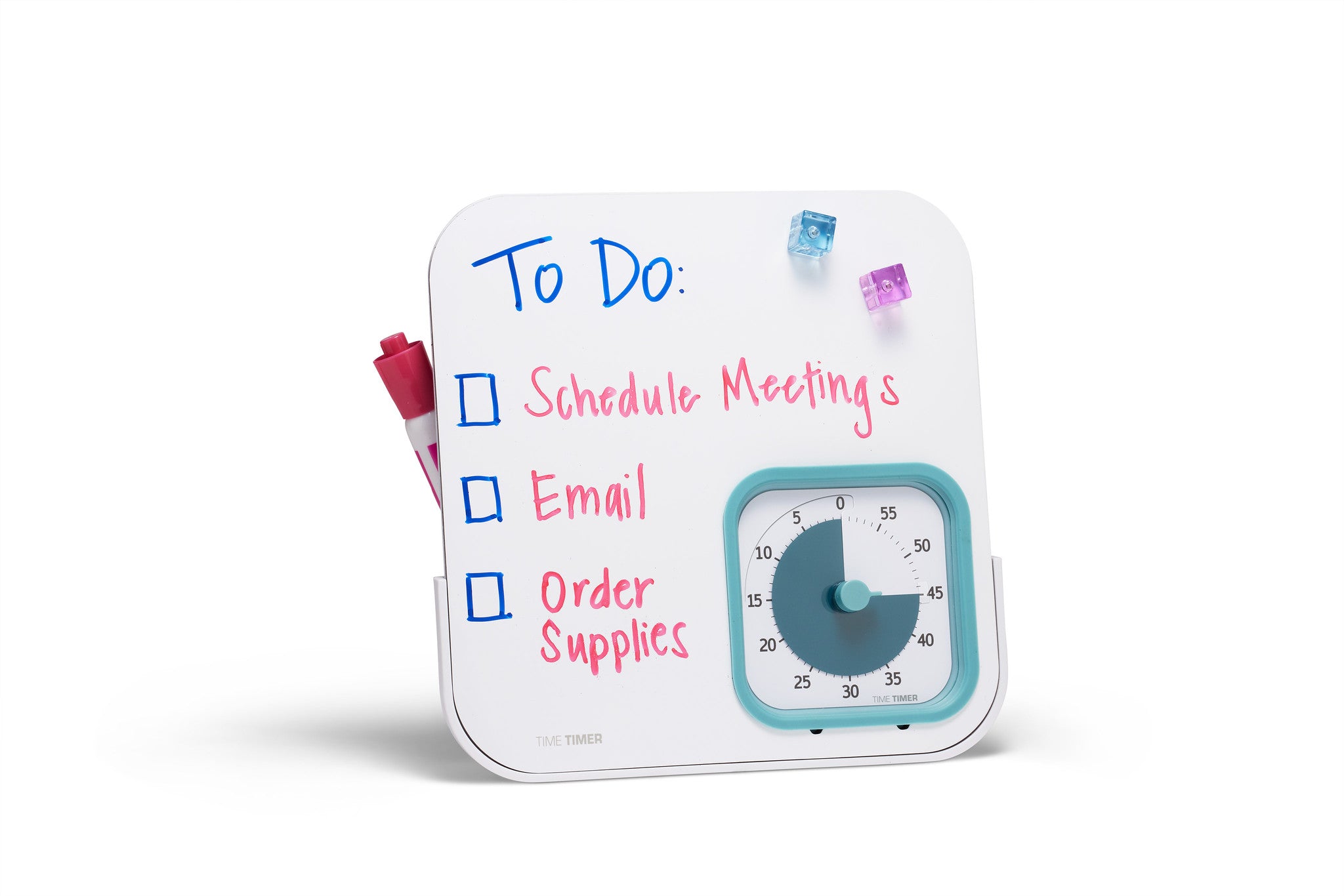 The Time Timer Dry Erase Board (Magnetic) with Lake Day Blue MOD (60 min) by Time Timer features a “To Do:” checklist, red marker, two push pins, and a blue countdown timer set to 45 minutes for an efficient workspace.