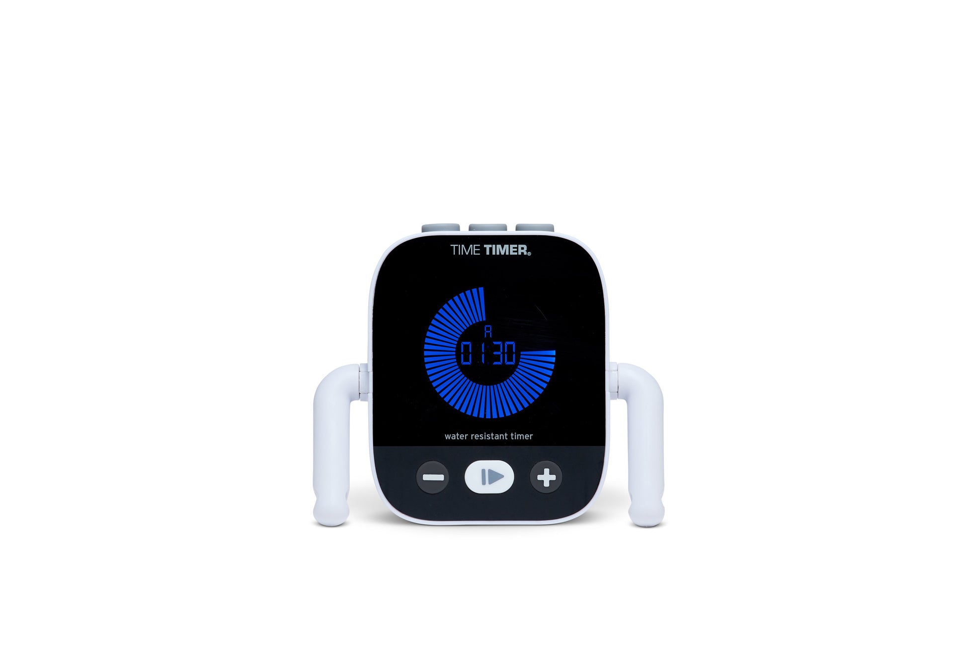 The Time Timer Element by Time Timer is a visual timer with two white handles, a black face, and a blue circular progress indicator. Buttons below the display show 1 minute and 30 seconds remaining.