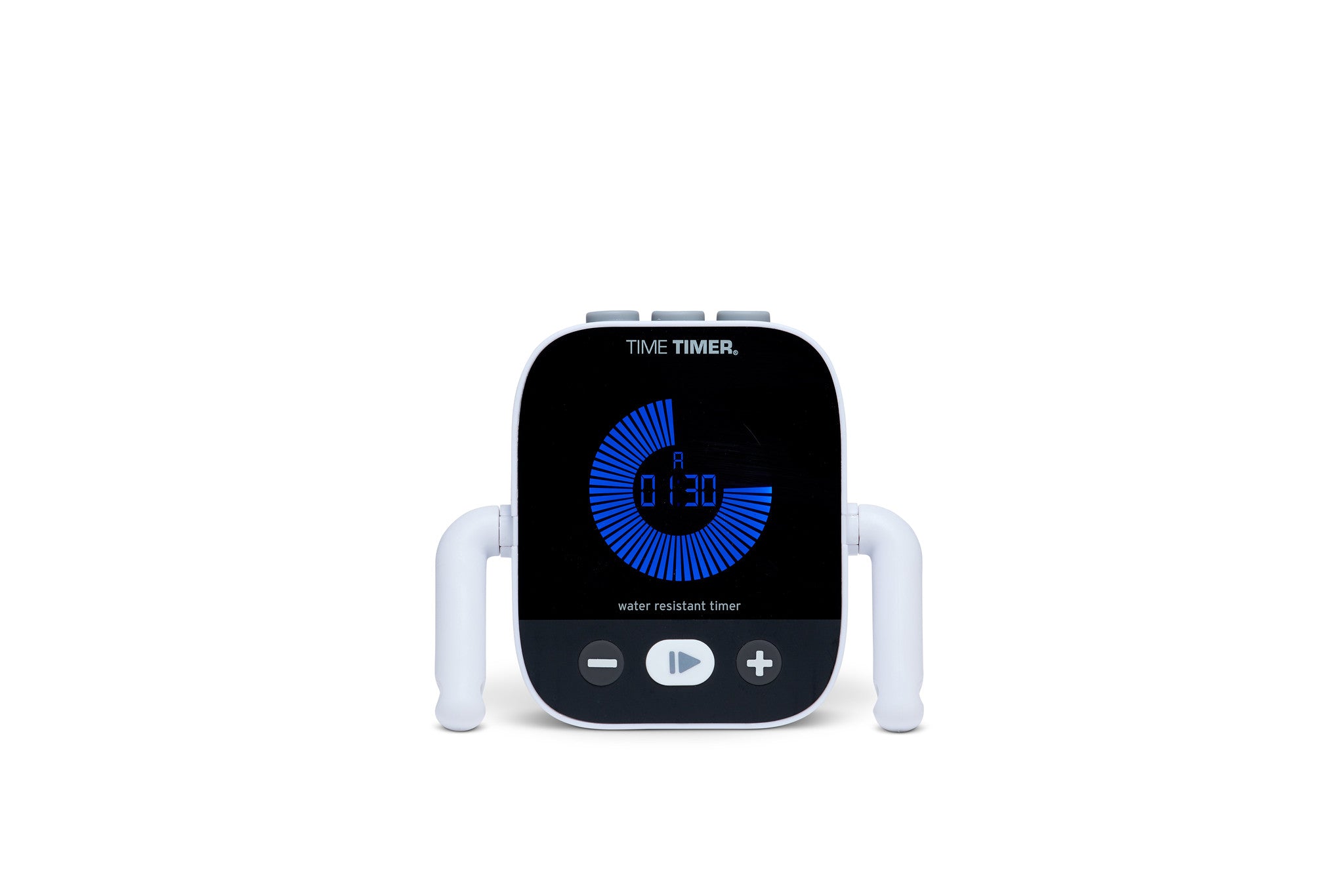 The Time Timer Element by Time Timer is a visual timer with two white handles, a black face, and a blue circular progress indicator. Buttons below the display show 1 minute and 30 seconds remaining.