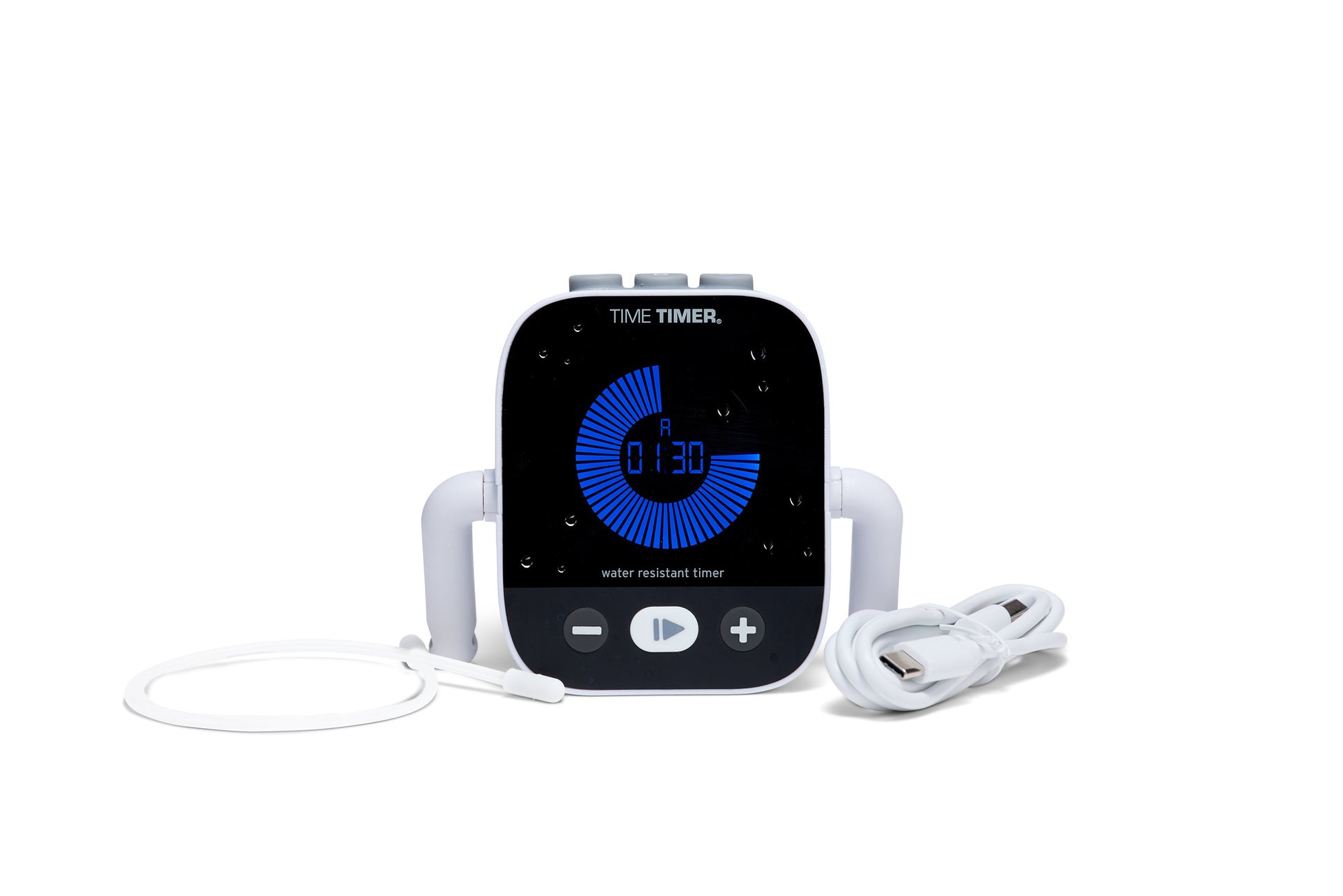 A black and white Time Timer Element by Time Timer features a blue countdown display, two white handles, and a coiled white cord, all placed on a white background.